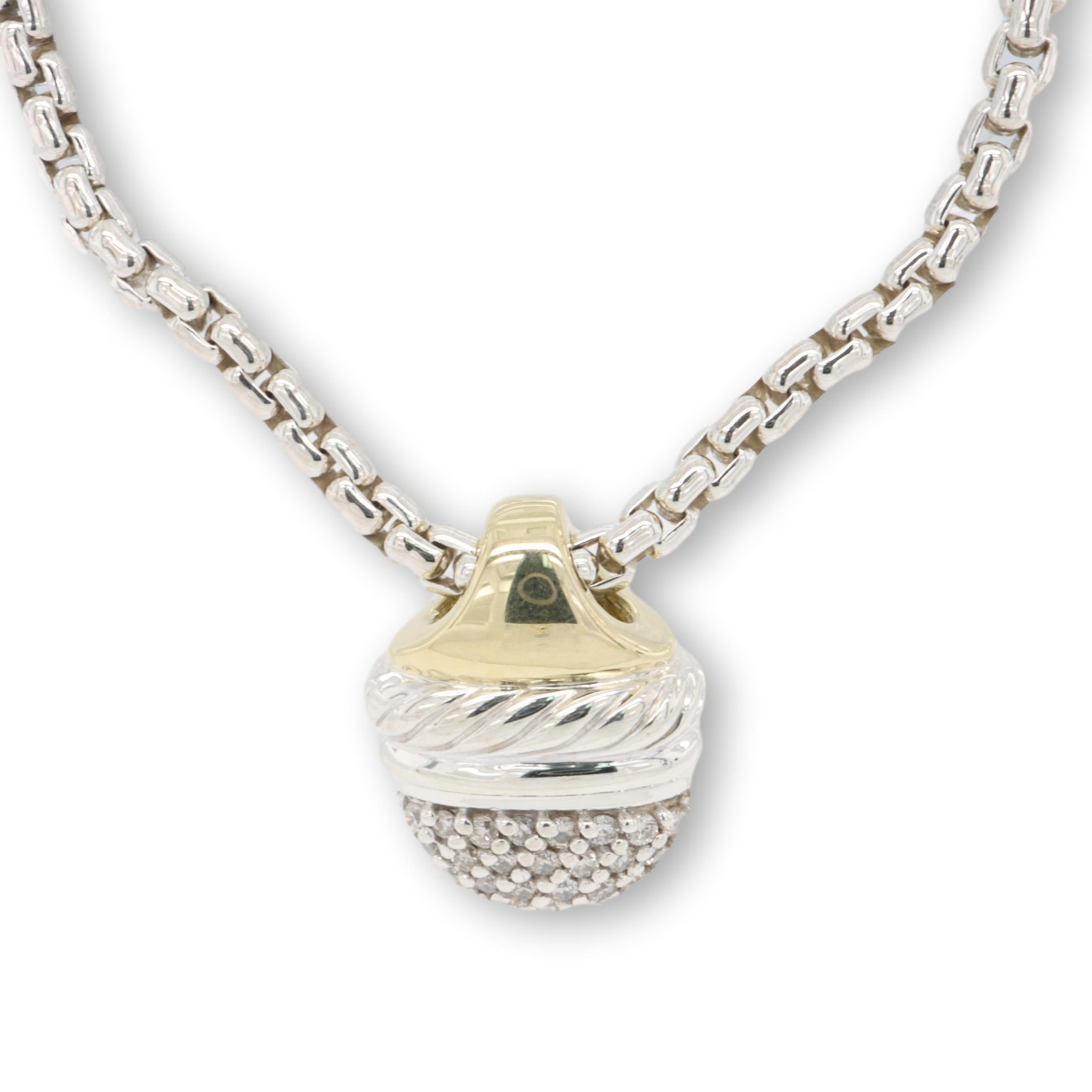 David Yurman necklace finely crafted in sterling silver featuring a slide acorn pendant design adorned with round brilliant cut pave set diamonds and a mix of 18 karat yellow gold and silver detail hanging off an 16