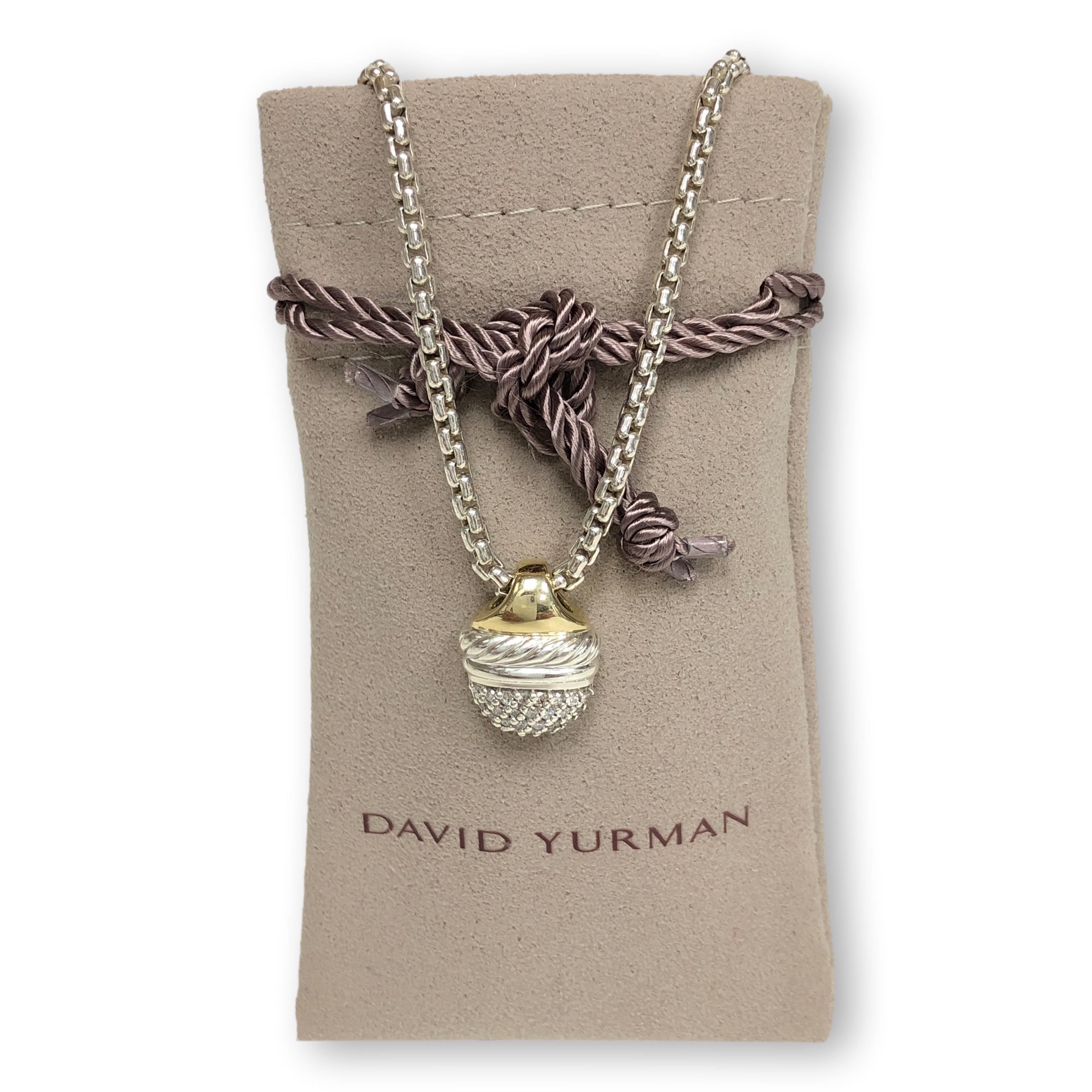 Round Cut David Yurman Sterling Silver and 18K Yellow Gold Pave Diamond Acorn Pendant Neck
