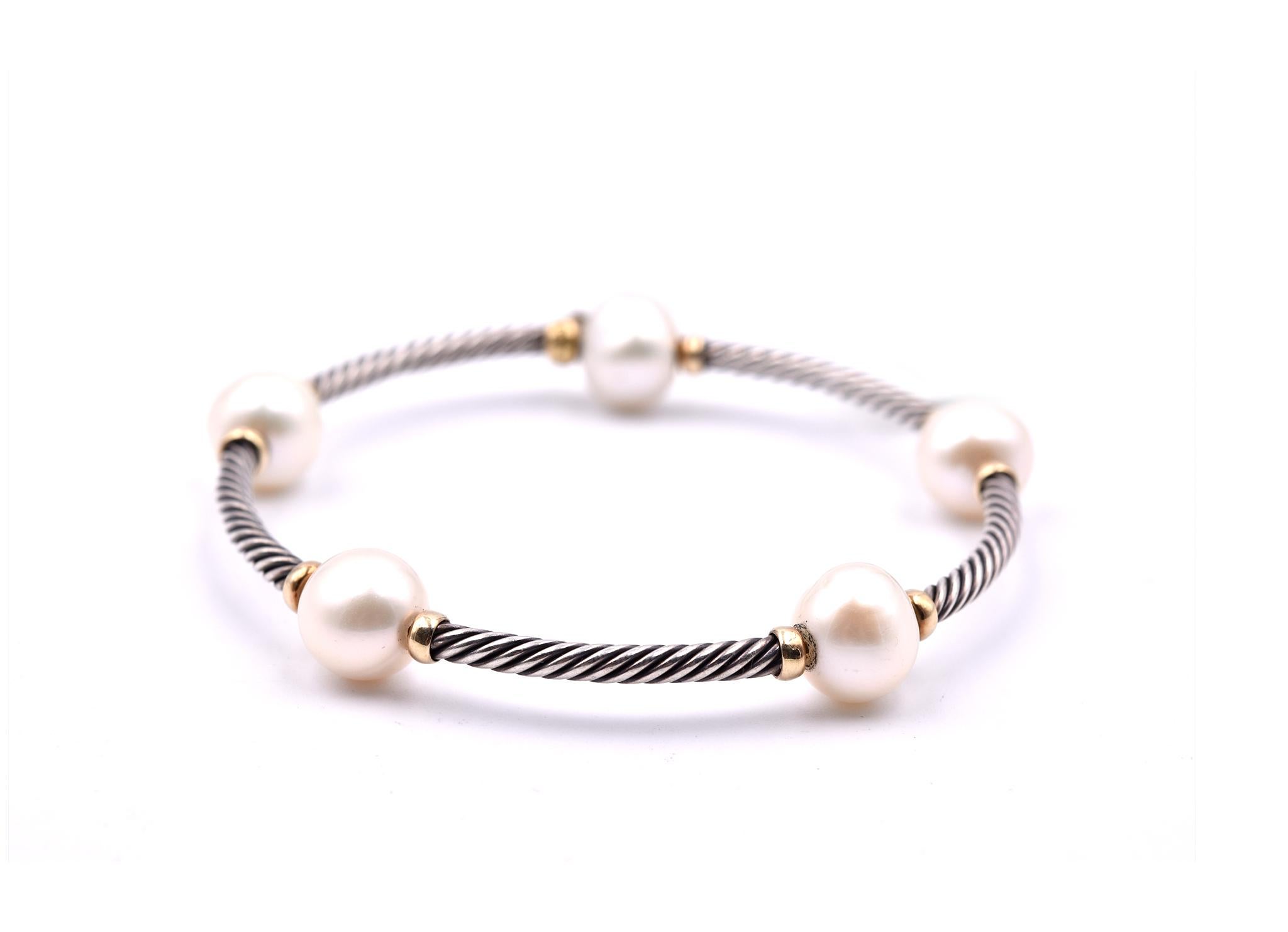 David Yurman Sterling Silver and 18 Karat Yellow Gold Pearl Bangle In Excellent Condition In Scottsdale, AZ