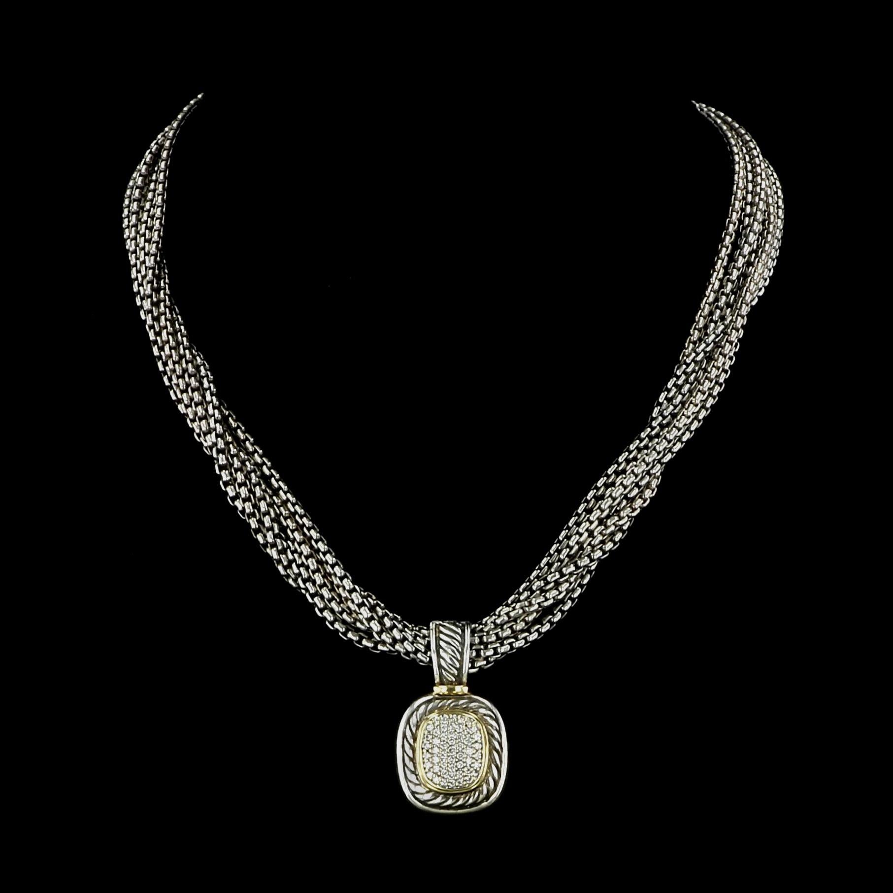 Round Cut David Yurman Sterling Silver and 18 Karat Yellow Gold Pendant with Pave Diamonds