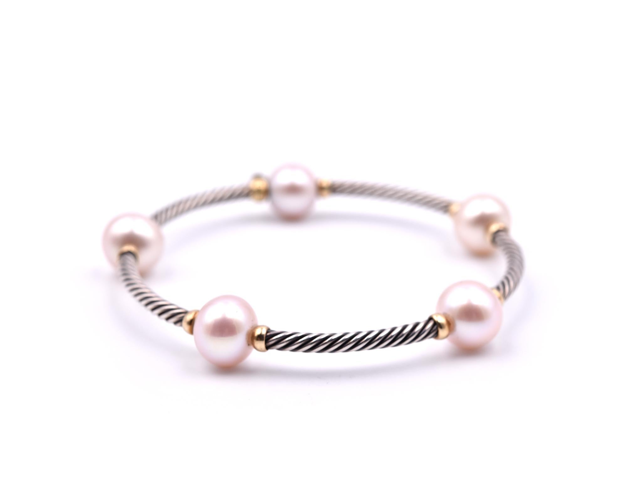 David Yurman Sterling Silver and 18 Karat Yellow Gold with Pink Pearl Bangle In Excellent Condition In Scottsdale, AZ