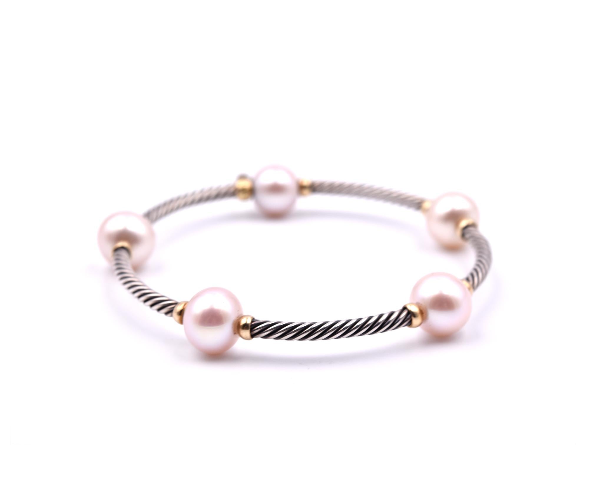 Women's David Yurman Sterling Silver and 18 Karat Yellow Gold with Pink Pearl Bangle