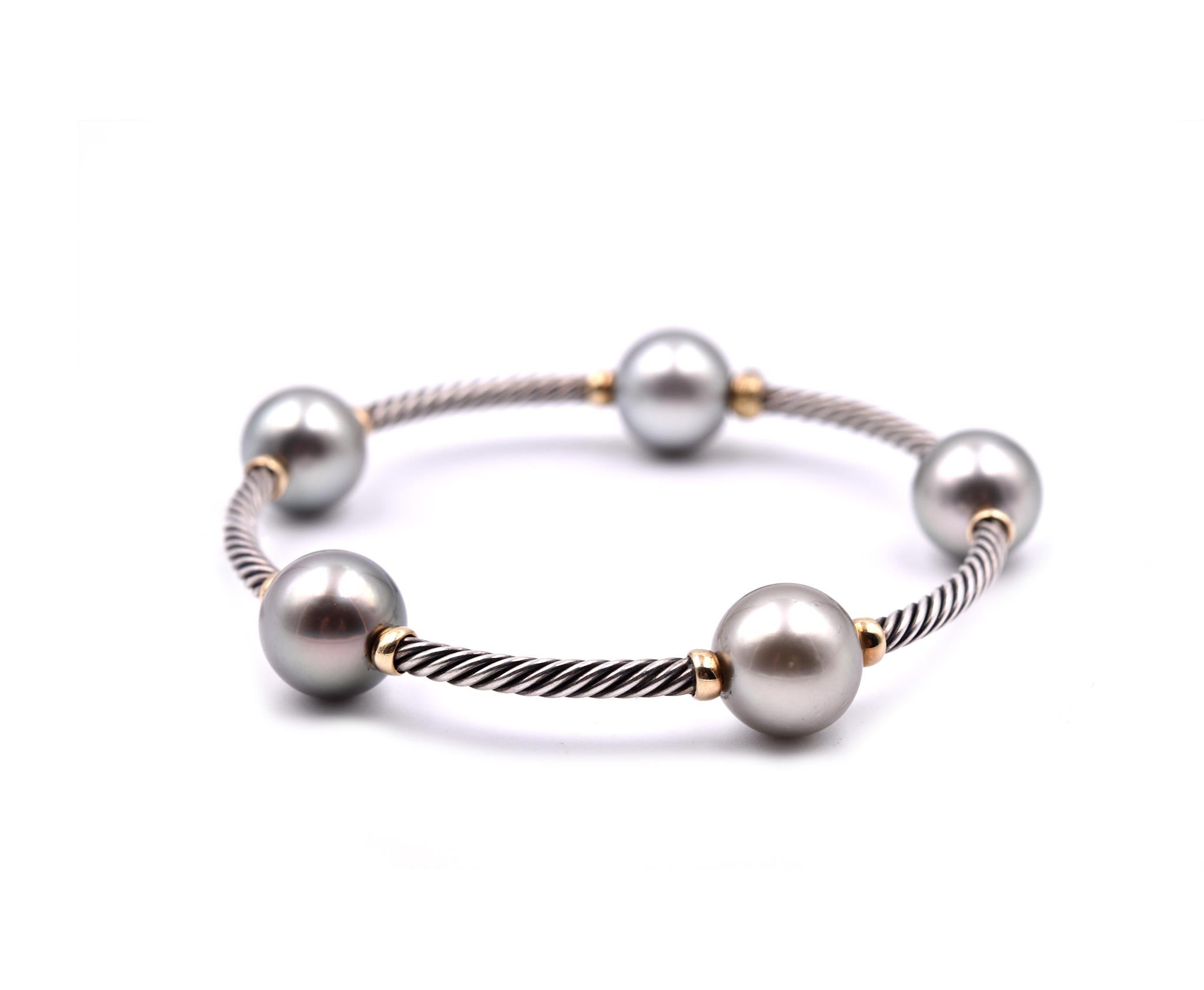 David Yurman Sterling Silver and 18 Karat Yellow Gold with Tahitian Pearl Bangle In Excellent Condition In Scottsdale, AZ