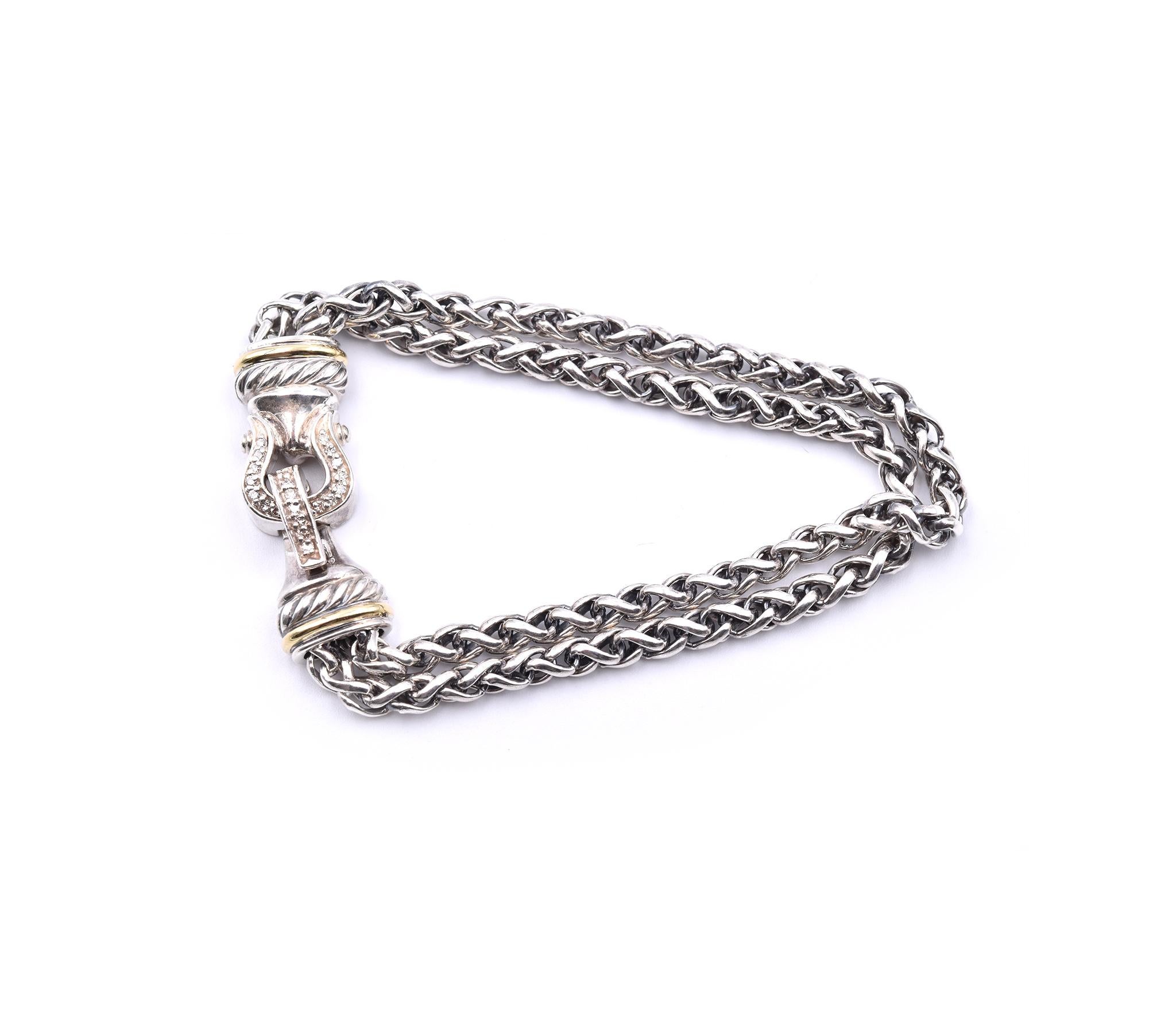Designer: David Yurman
Material: Sterling Silver & 18K yellow gold
Diamonds: 23 round brilliant cut = .25cttw
Color: G
Clarity: VS
Length: 7.5-inches
Weight: 11.77 grams
