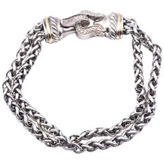 David Yurman Sterling Silver and 18k Gold Double Wheat Diamond Buckle Bracelet