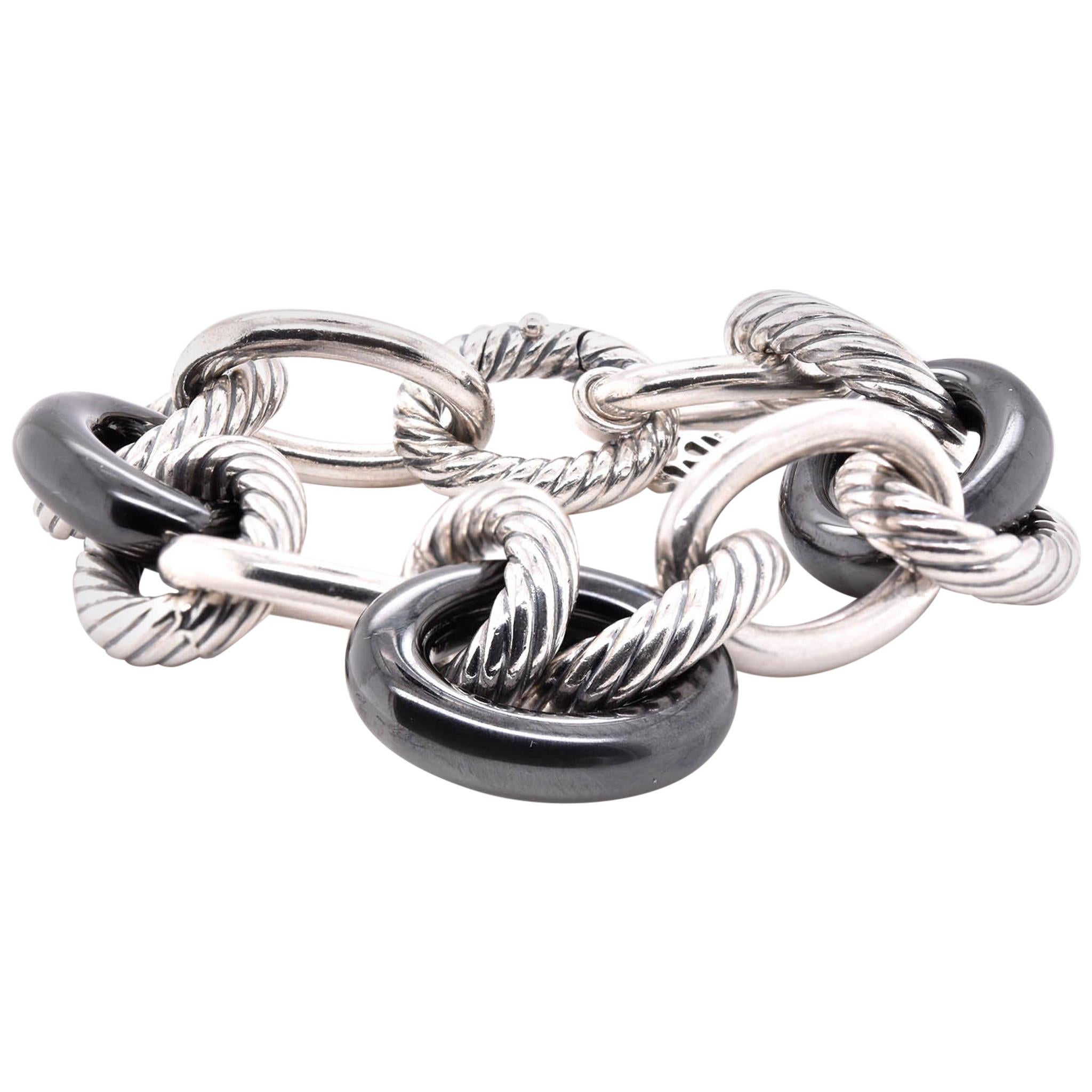 David Yurman Sterling Silver and Black Ceramic Oval Link Bracelet