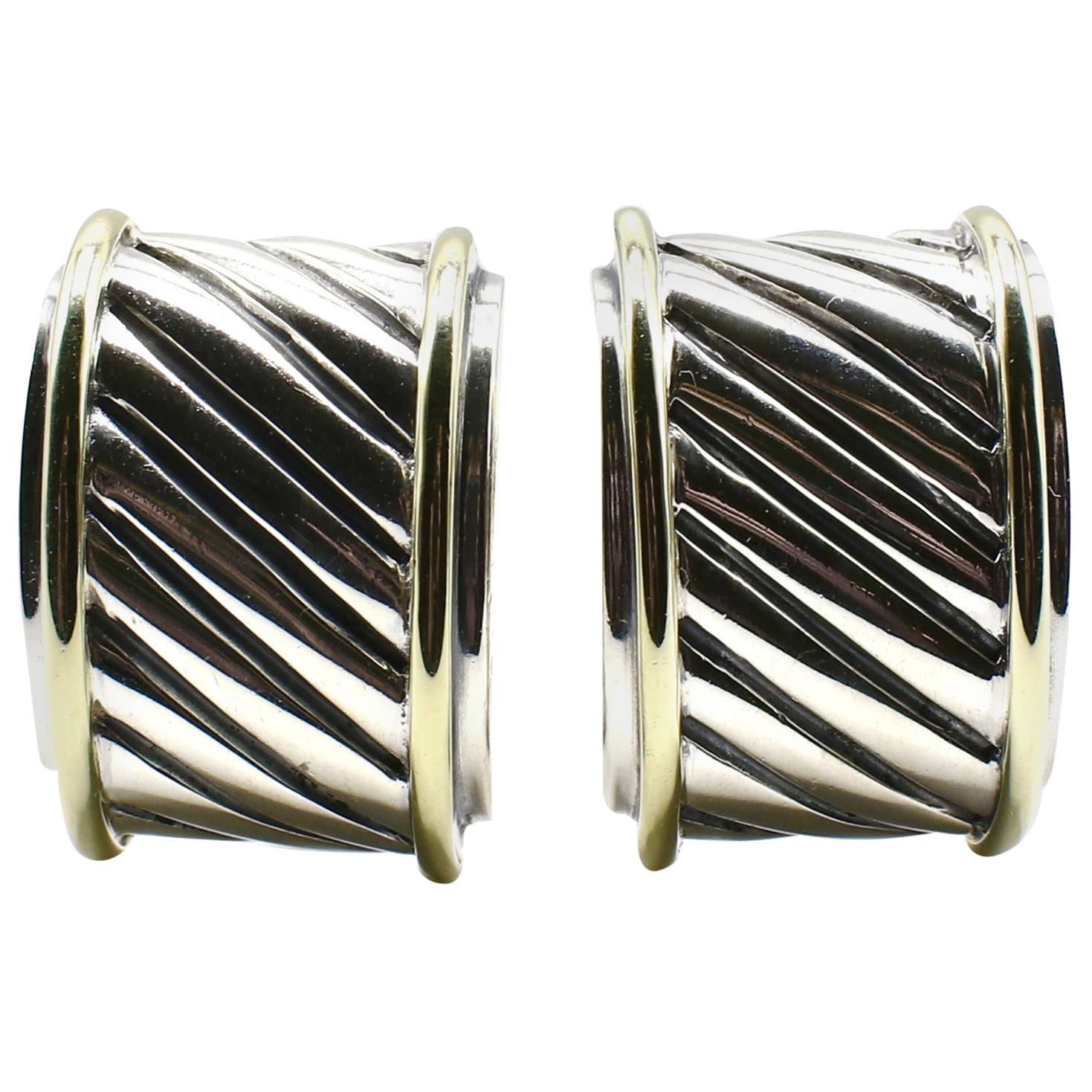 David Yurman Sterling Silver and Gold Cigar Band Wide Cable Huggie Earrings