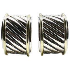 David Yurman Sterling Silver and Gold Cigar Band Wide Cable Huggie Earrings