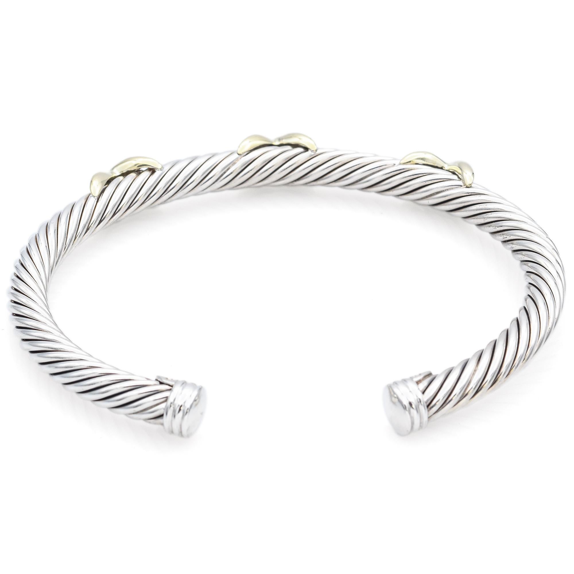 David Yurman Sterling Silver and Yellow Gold Triple X Cable Cuff Bracelet In Good Condition In New York, NY