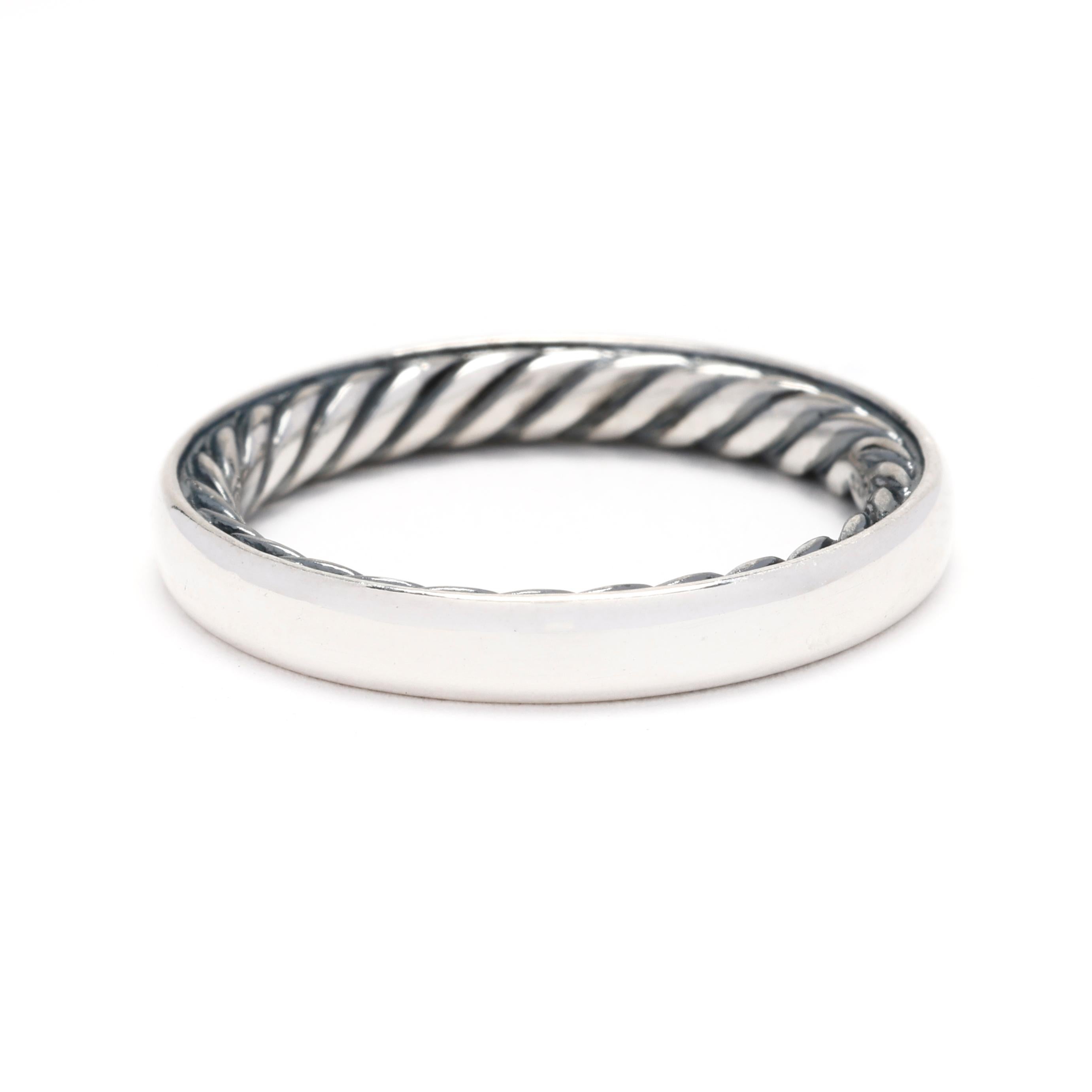 David Yurman Sterling Silver Band Ring, Ring Size 5.75, Inner Twisted Design In Good Condition In McLeansville, NC