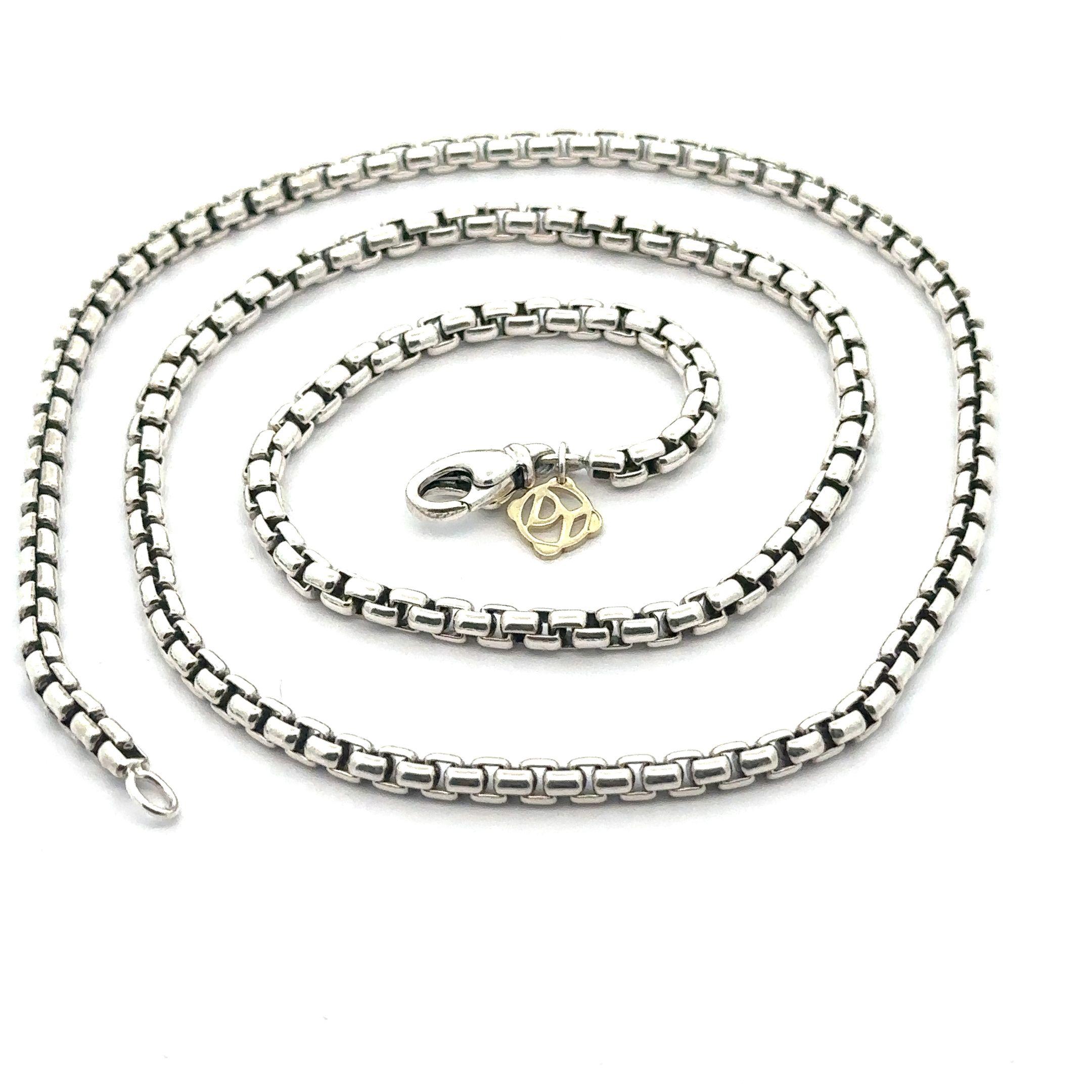 David Yurman Sterling Silver Beveled Box Chain W/ 14k Yellow Gold Tag Necklace In Excellent Condition In Montclair, NJ