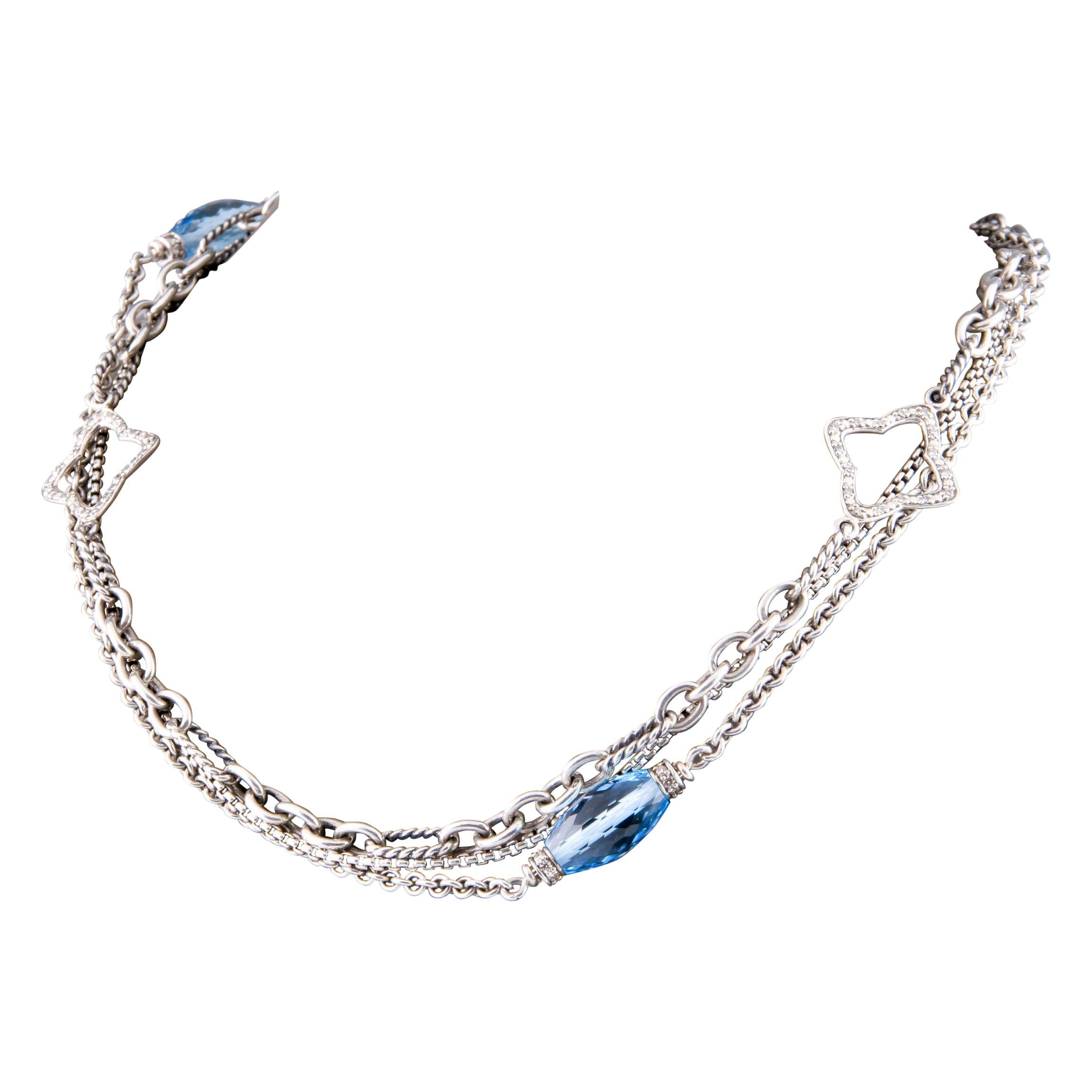 David Yurman Sterling Silver Bijoux Blue Topaz Quatrefoil Chain Necklace