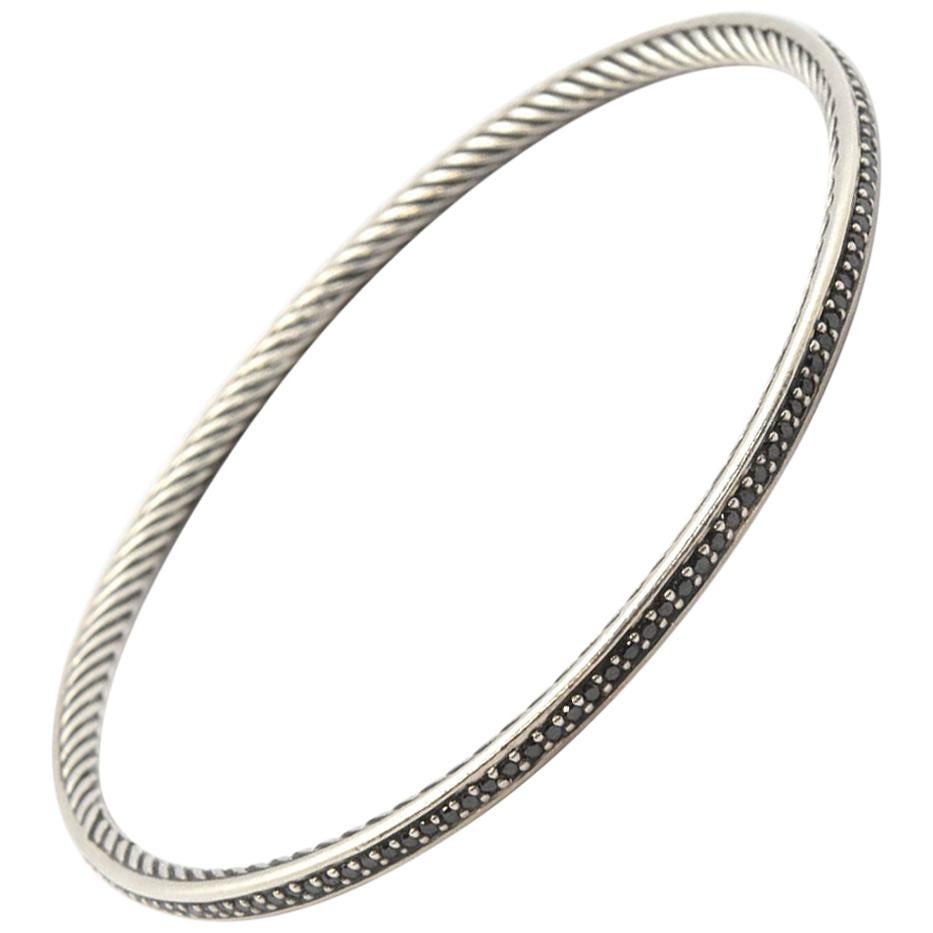 David Yurman Sterling Silver Black Diamond Cable Bangle Bracelet For Sale