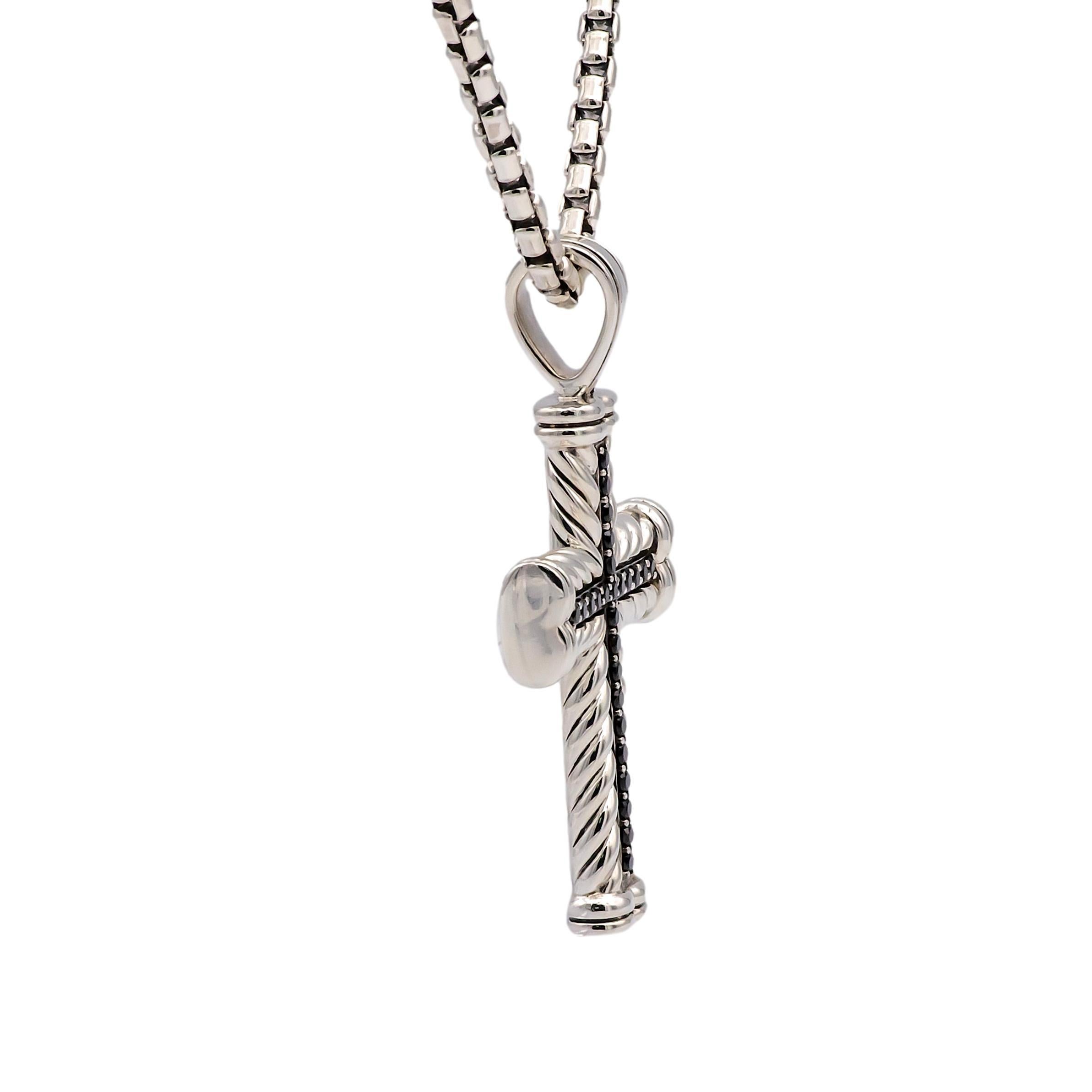 Round Cut David Yurman Sterling Silver Black Diamond Chevron Cross Pendant Necklace 26”