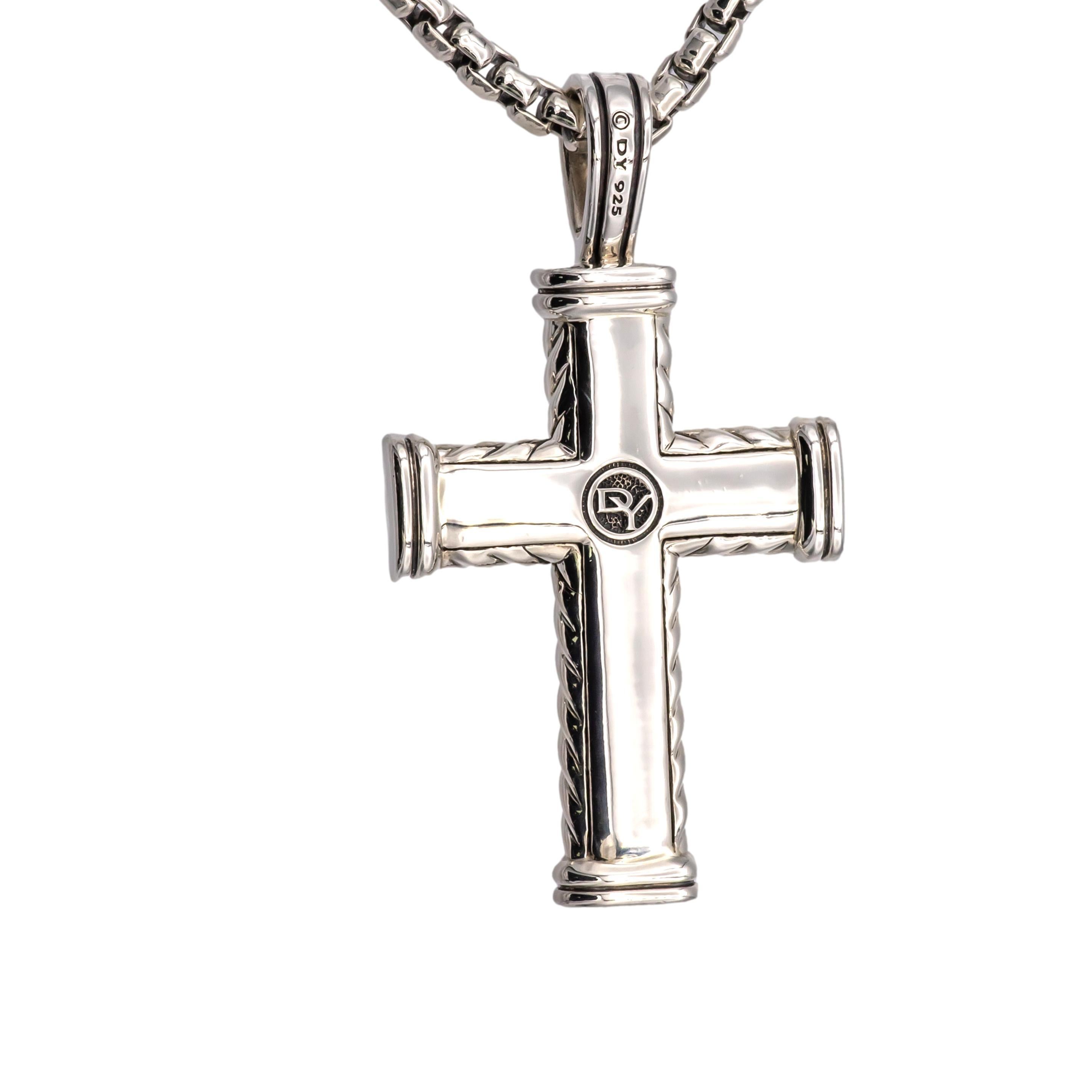 Men's David Yurman Sterling Silver Black Diamond Chevron Cross Pendant Necklace 26”