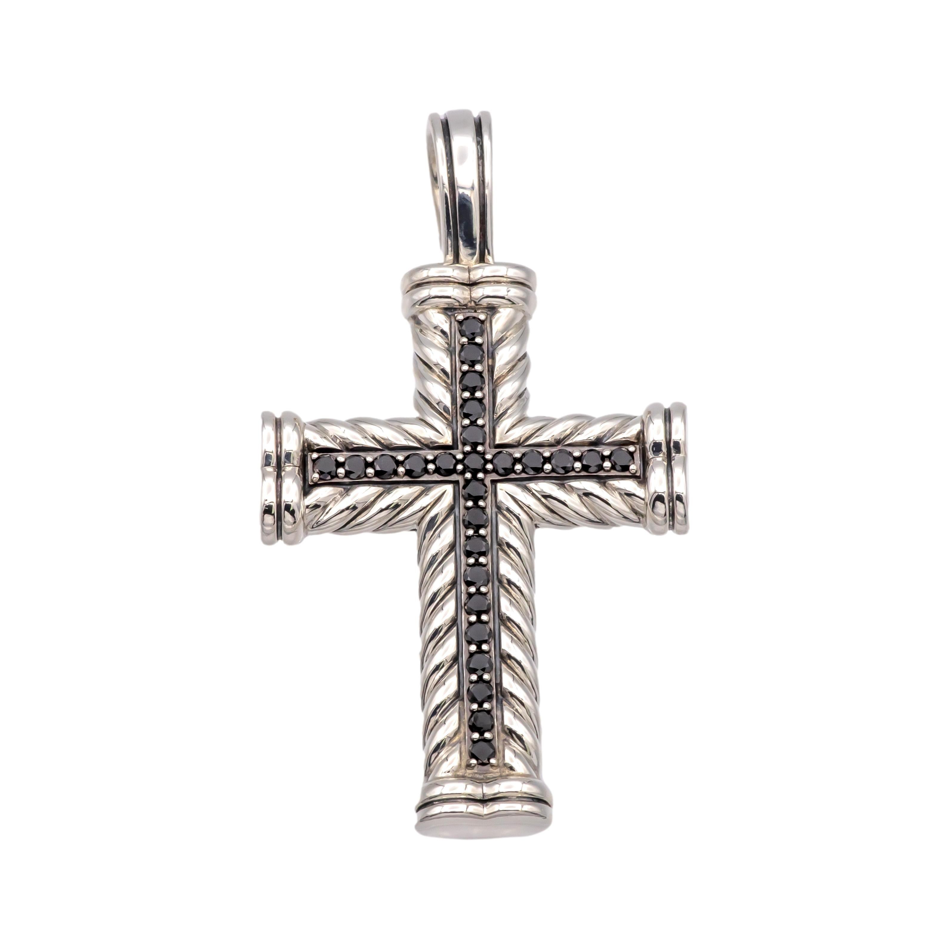 David Yurman Sterling Silver Black Diamond Chevron Cross Pendant Necklace 26” 1