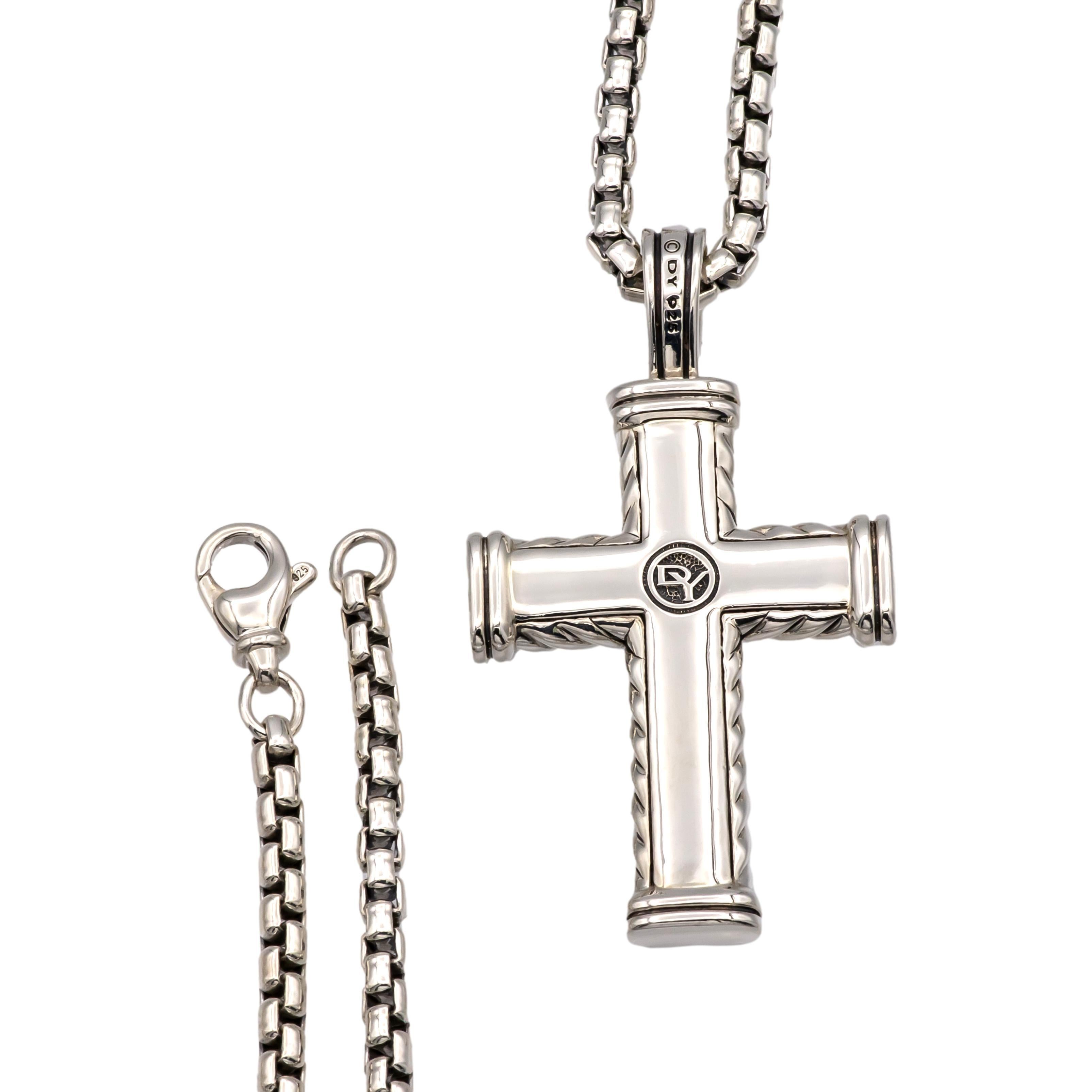 David Yurman Sterling Silver Black Diamond Chevron Cross Pendant Necklace 26” 2
