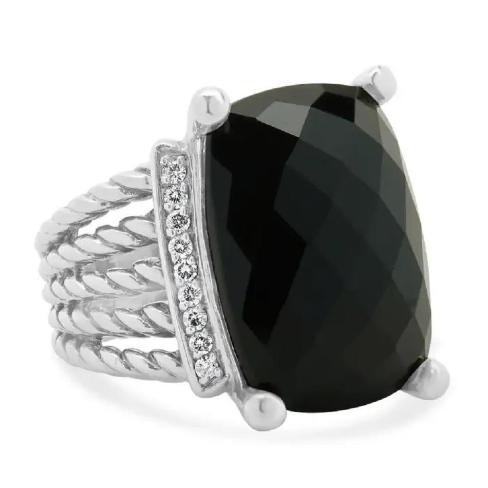 Designer: David Yurman
Material: sterling silver
Diamond: 18 round brilliant cut = 0.23ctw
Color: H
Clarity: SI1
Onyx Dimensions 15mm X 19.8mm 
Size: 6.75
Weight: 15.7 grams
Condition New, never worn
Comes with David Yurman 
Retail Price $895