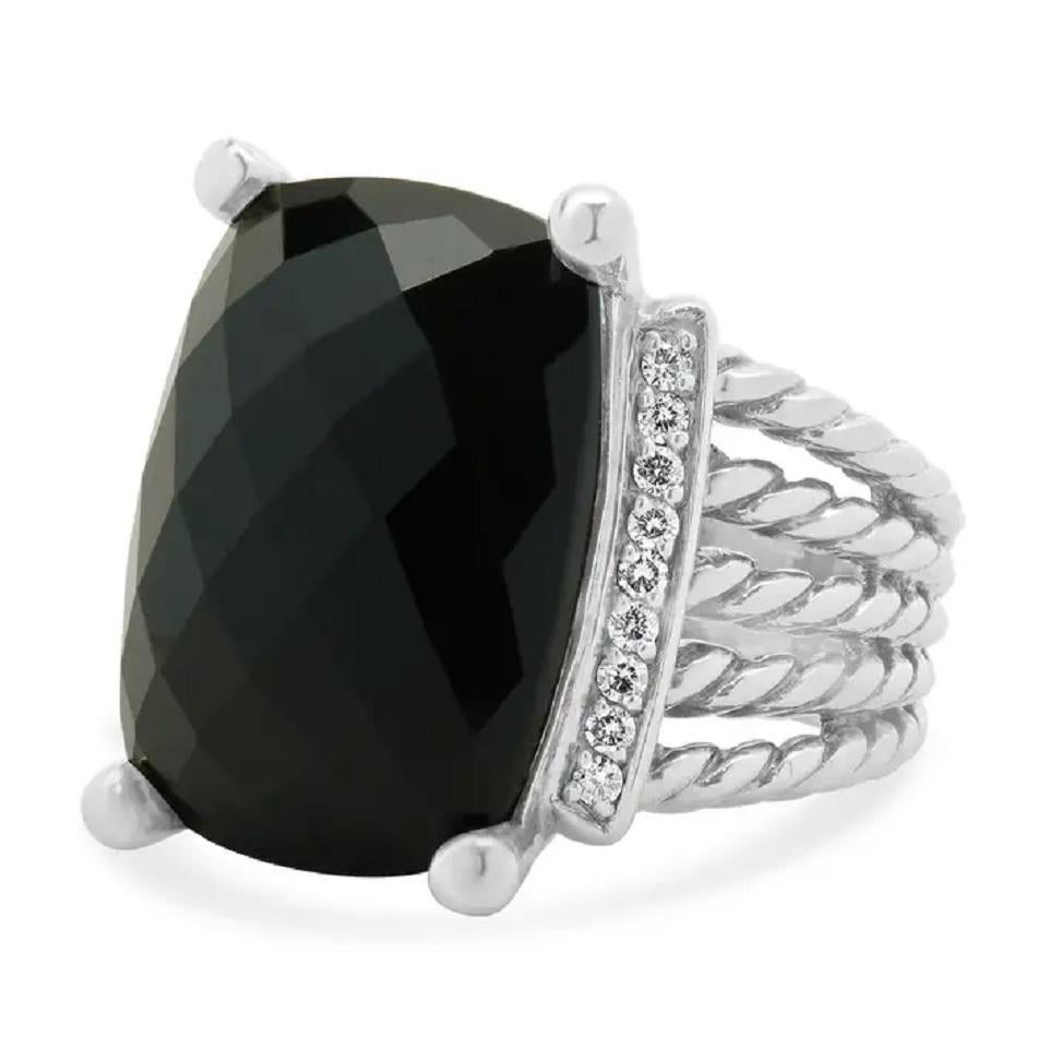 Round Cut David Yurman Sterling Silver Black Onyx and Diamond Wheaton Ring