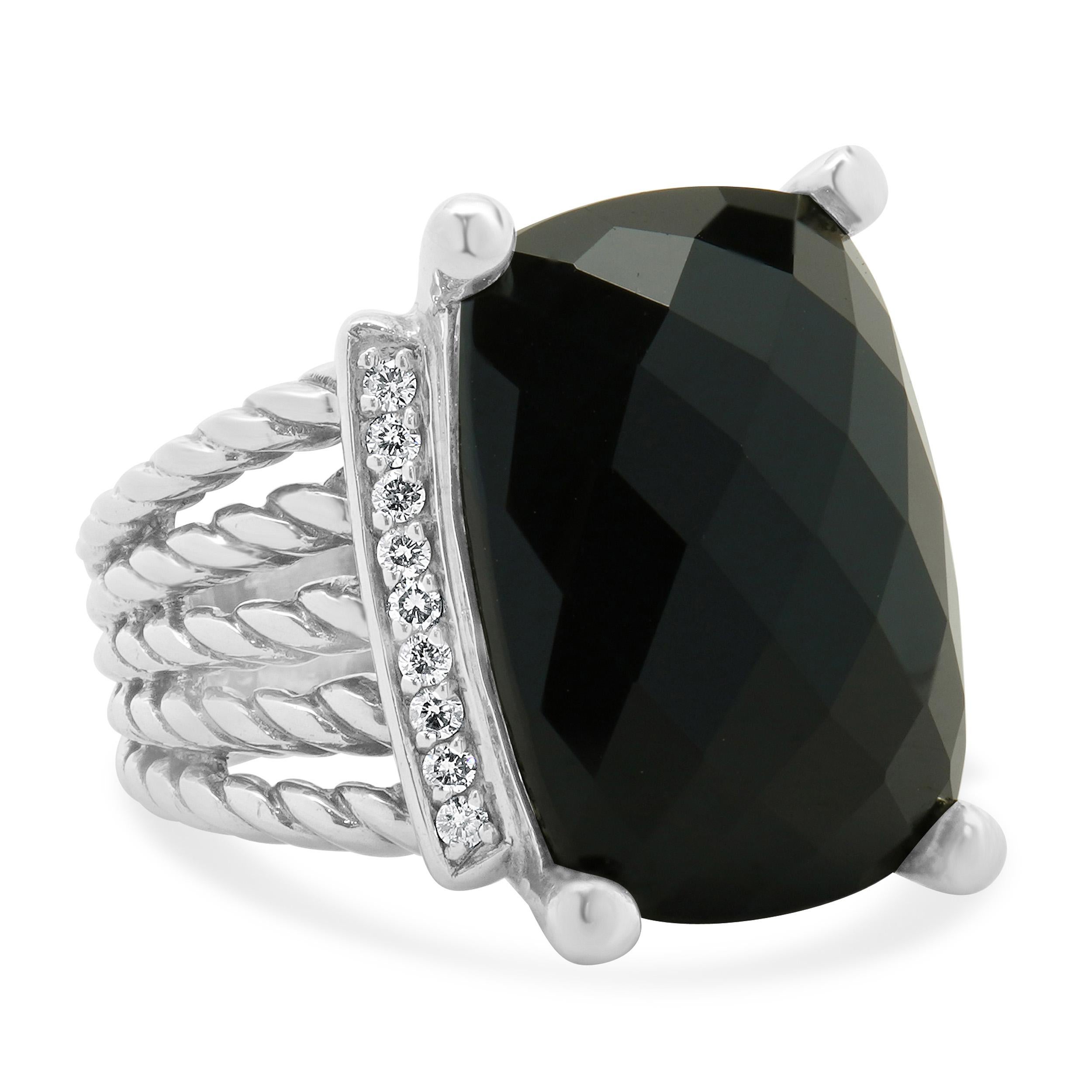David Yurman Sterling Silver Black Onyx and Diamond Wheaton Ring In Excellent Condition For Sale In Scottsdale, AZ