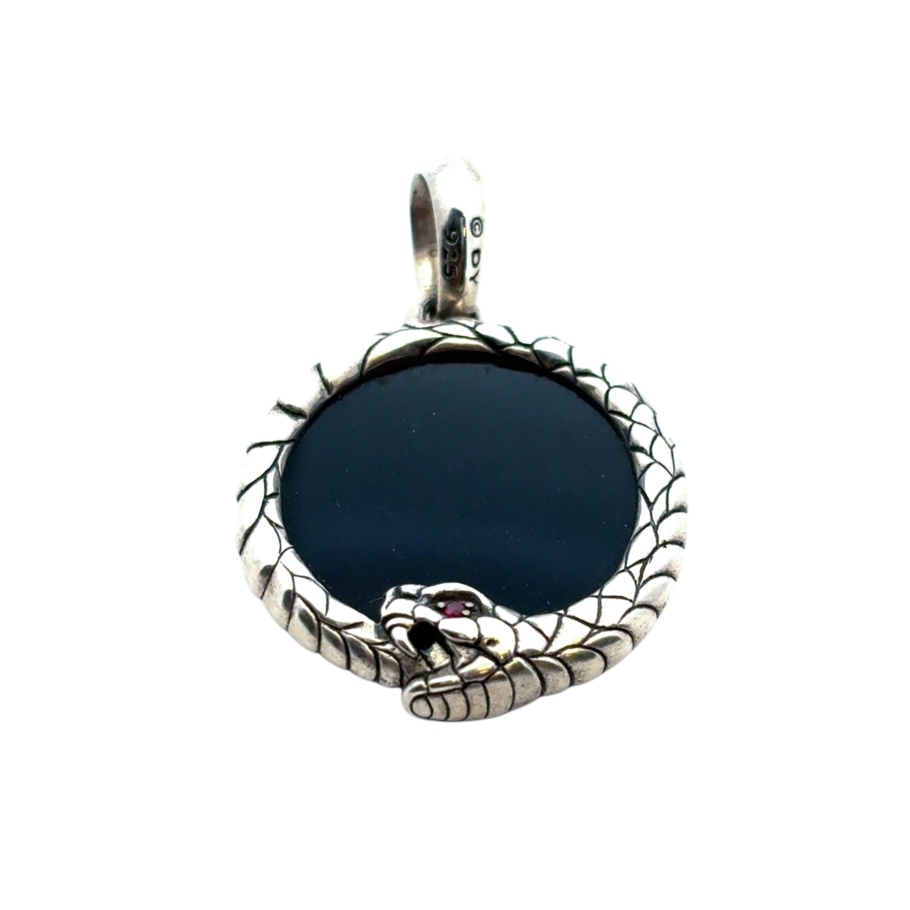 Round Cut David Yurman Sterling Silver Black Onyx and Ruby Cairo Ouroboros Amulet For Sale
