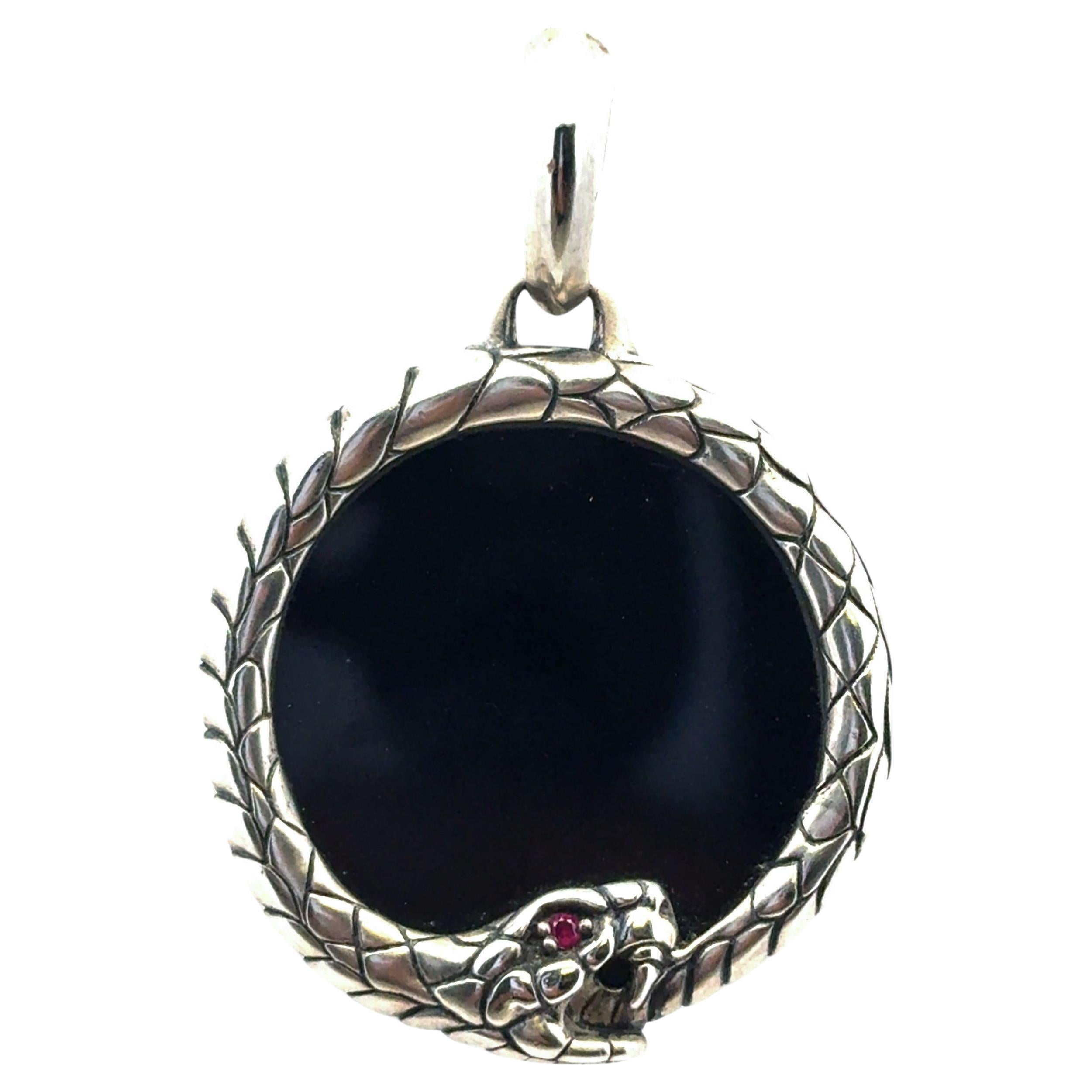 David Yurman Sterling Silver Black Onyx and Ruby Cairo Ouroboros Amulet For Sale