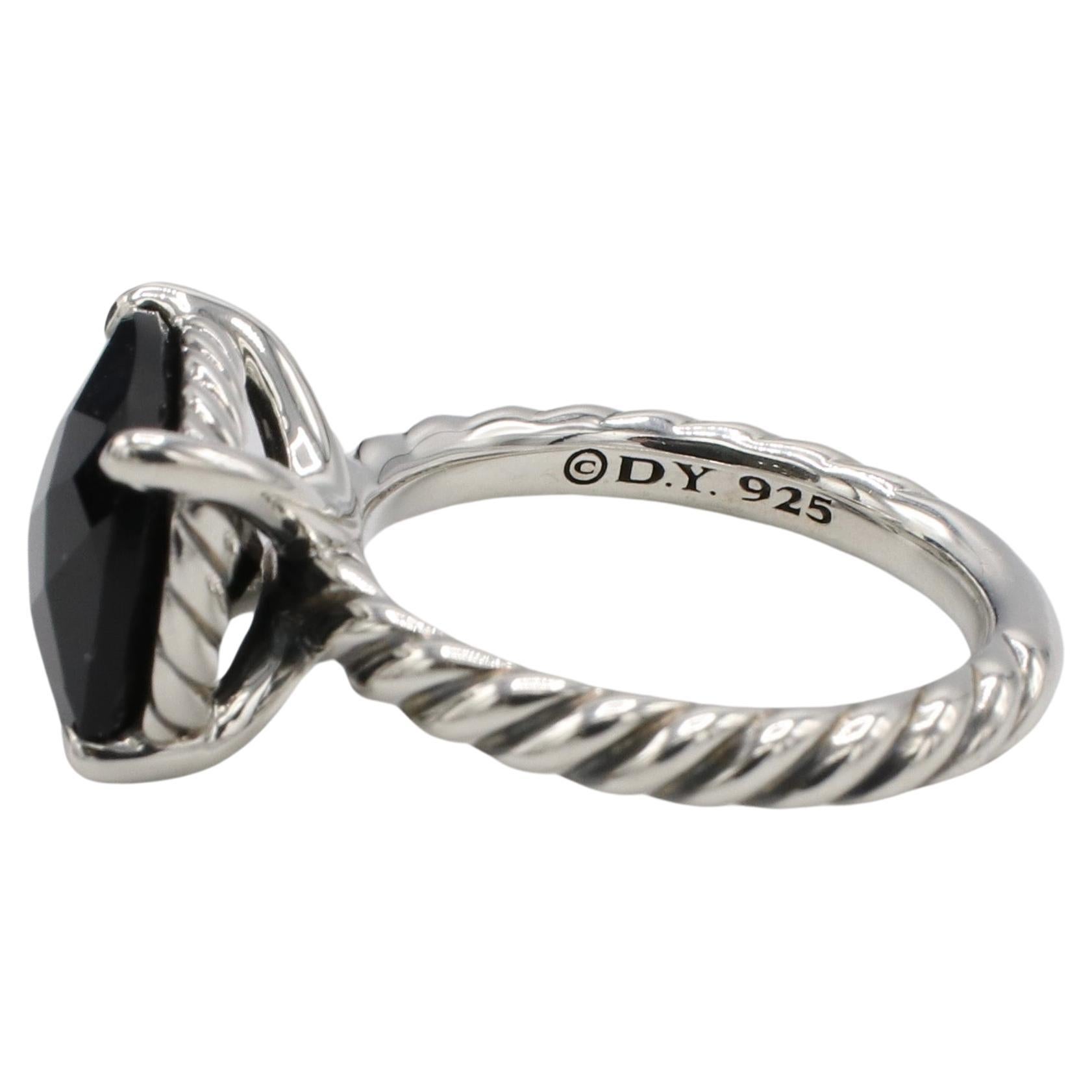 Modern David Yurman Sterling Silver Black Onyx Cushion Cable Ring  For Sale