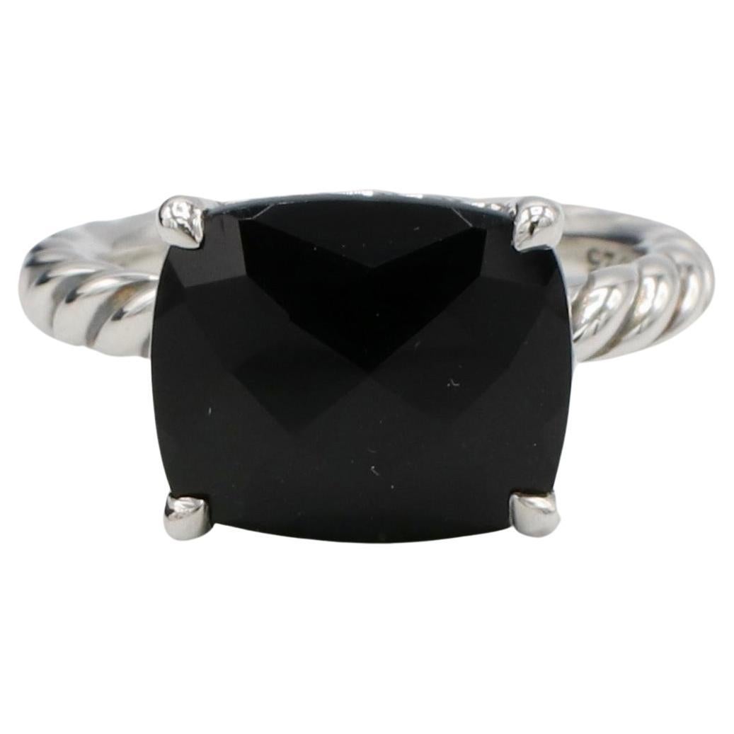 Modern David Yurman Sterling Silver Black Onyx Cushion Cable Ring  For Sale