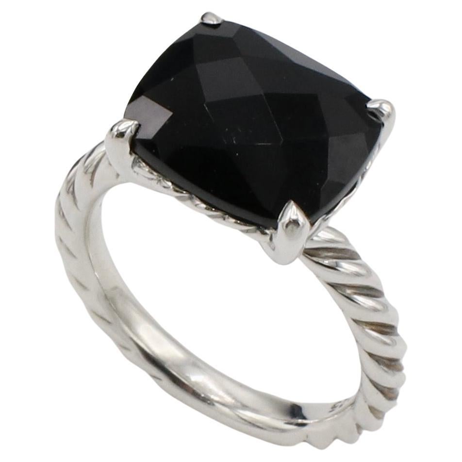 David Yurman Sterling Silver Black Onyx Cushion Cable Ring  For Sale