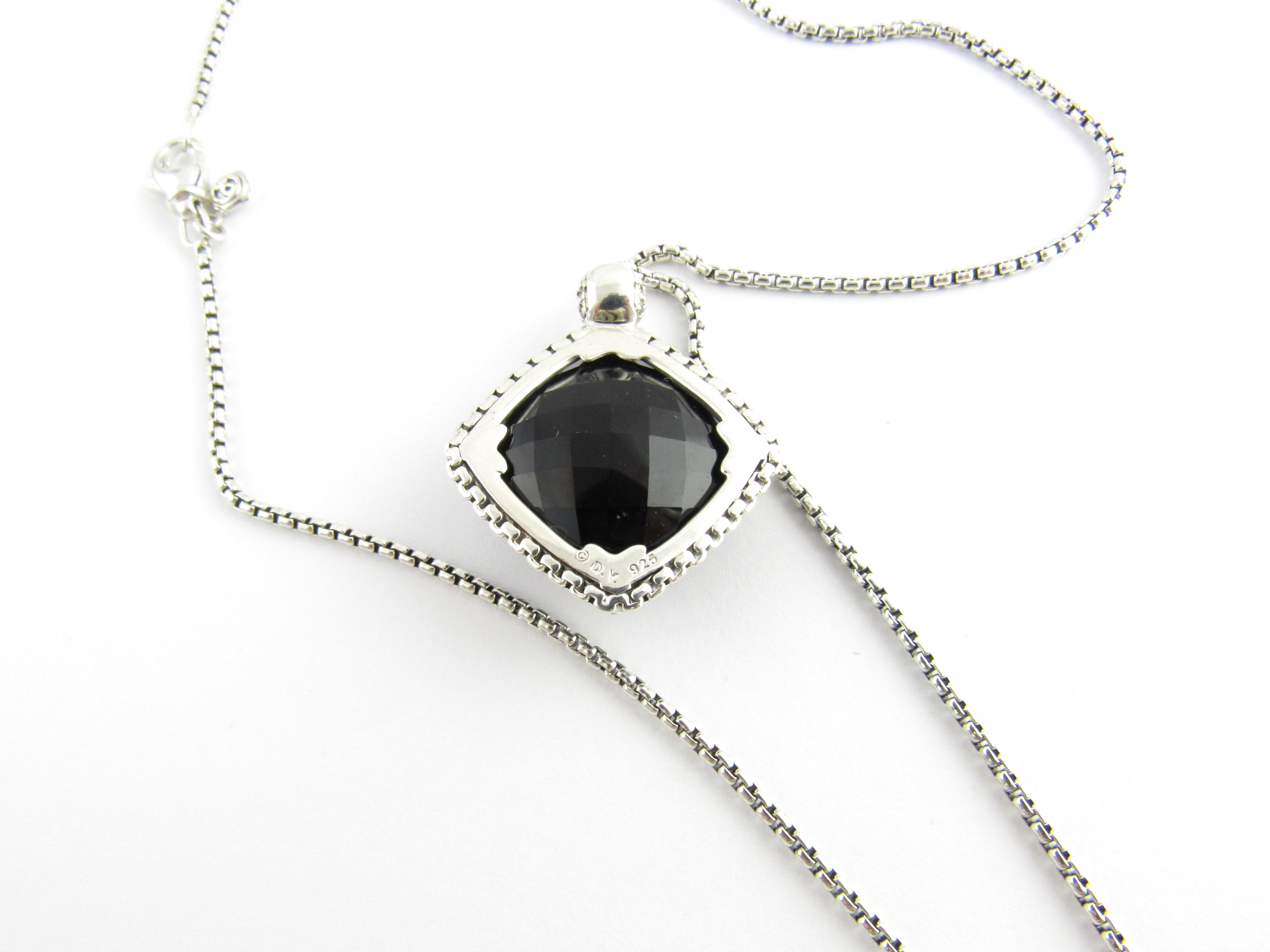 David Yurman Sterling Silver Black Onyx Diamond Cushion on Point Necklace In Good Condition In Washington Depot, CT