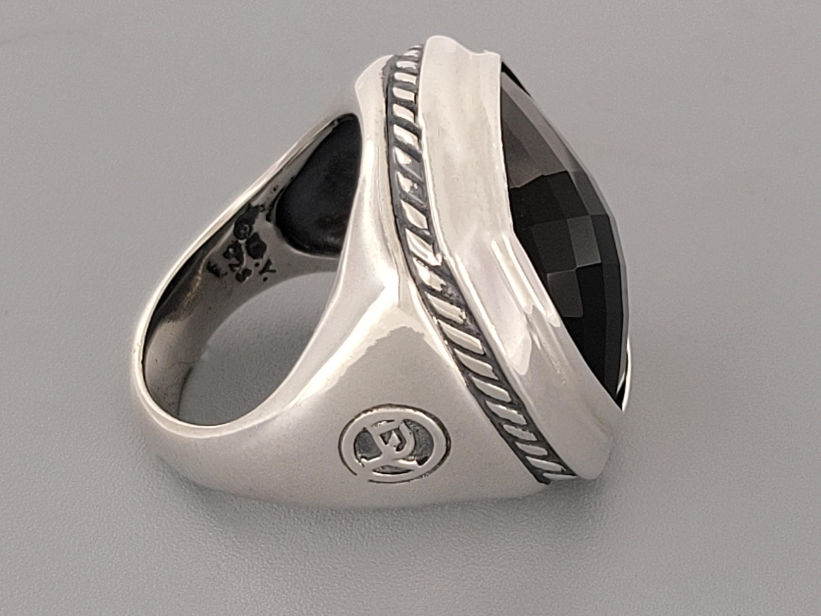 -Brand David Yurman 
-Black Albion Ring
-Material Sterling Silver 925
-Ring Size: 6.75
-Ring Face Dimension :18.8mm 
-Ring Width: 22.3mm X 22.7mm
-Albion Dimension:15.5mm
-Gender Women 
-Condition Pre-Owned 
-*DY Pouch Included