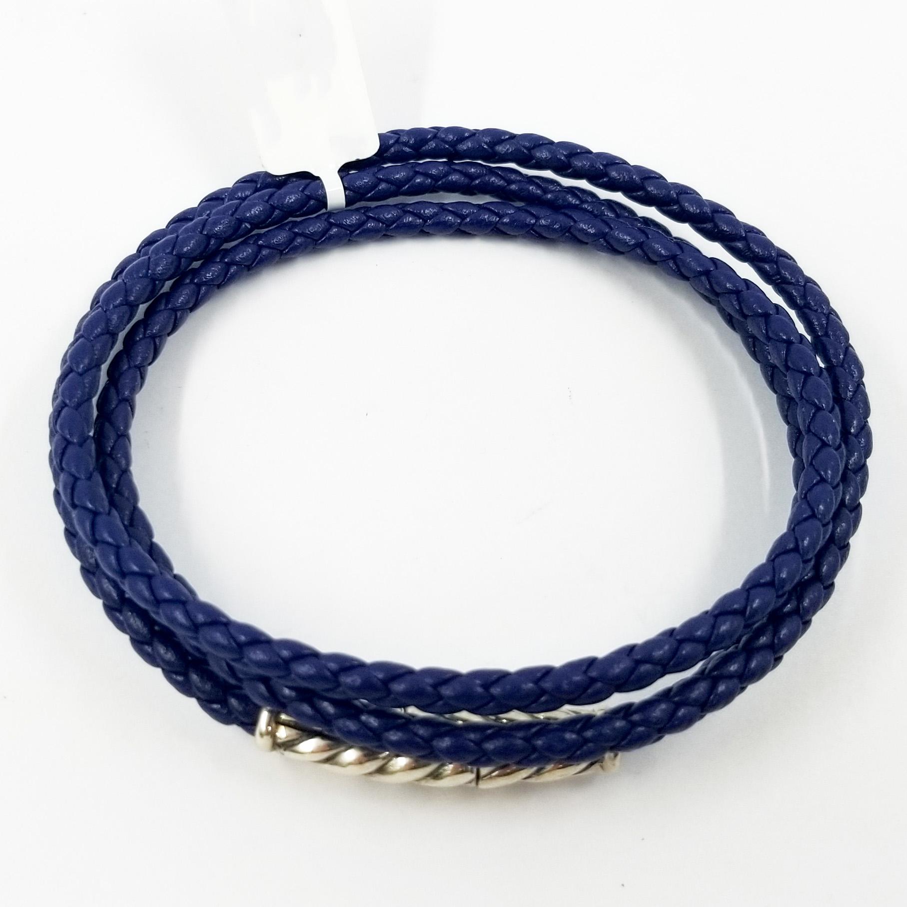 Sterling Silver and Woven Blue Leather Triple Wrap Bracelet, stamped 925 by designer David Yurman. The magnetic clasp features a notched design for extra security. Can be worn as a women's triple wrap bracelet, or opened as a 21.5 inch necklace.