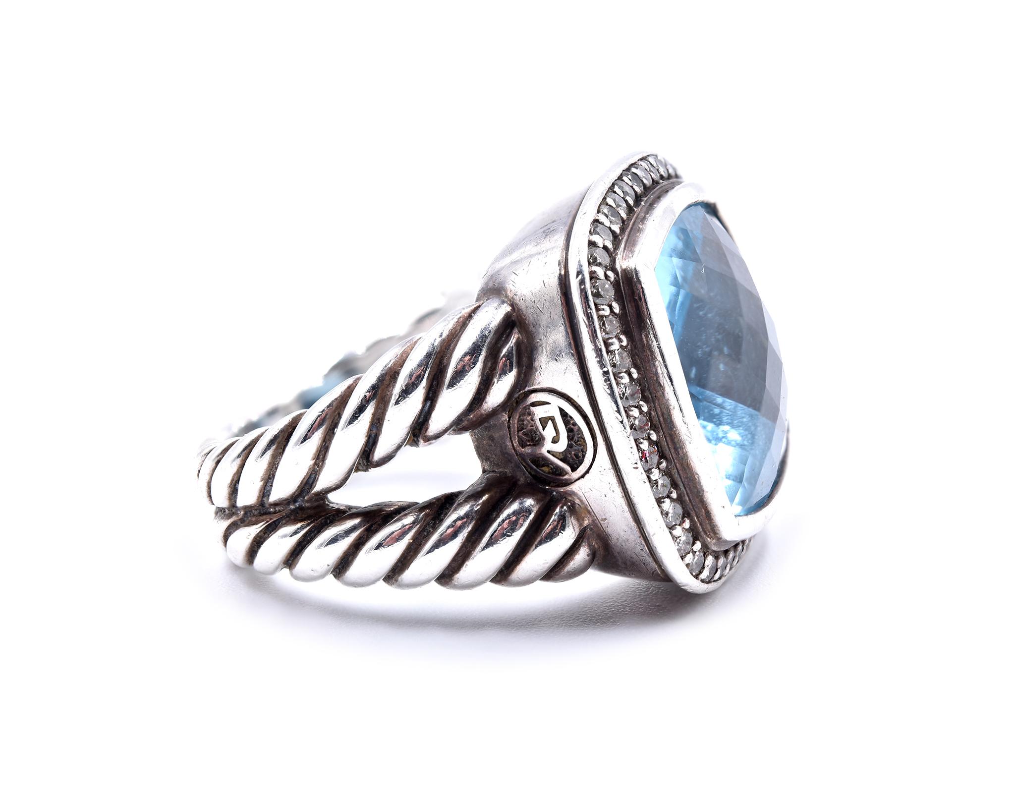 Designer: David Yurman
Material: sterling silver
Diamonds: 42 round brilliant diamonds= .25cttw
Color: G
Clarity: VS
Size: 6 ½ (please allow two additional shipping days for sizing requests)
Dimensions: ring top is approximately 19.61mm by