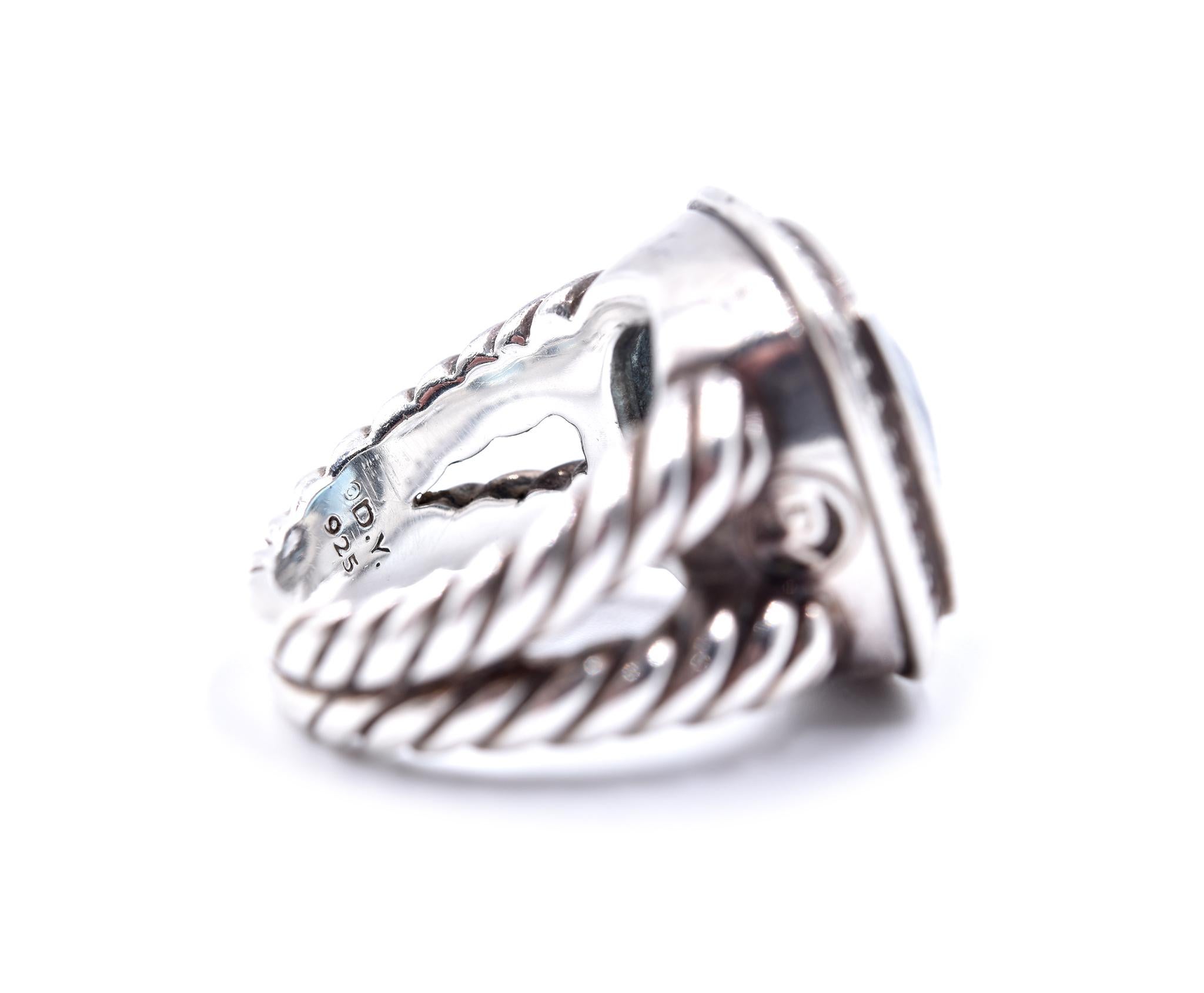 Round Cut David Yurman Sterling Silver Blue Topaz and Diamond Albion Cable Ring