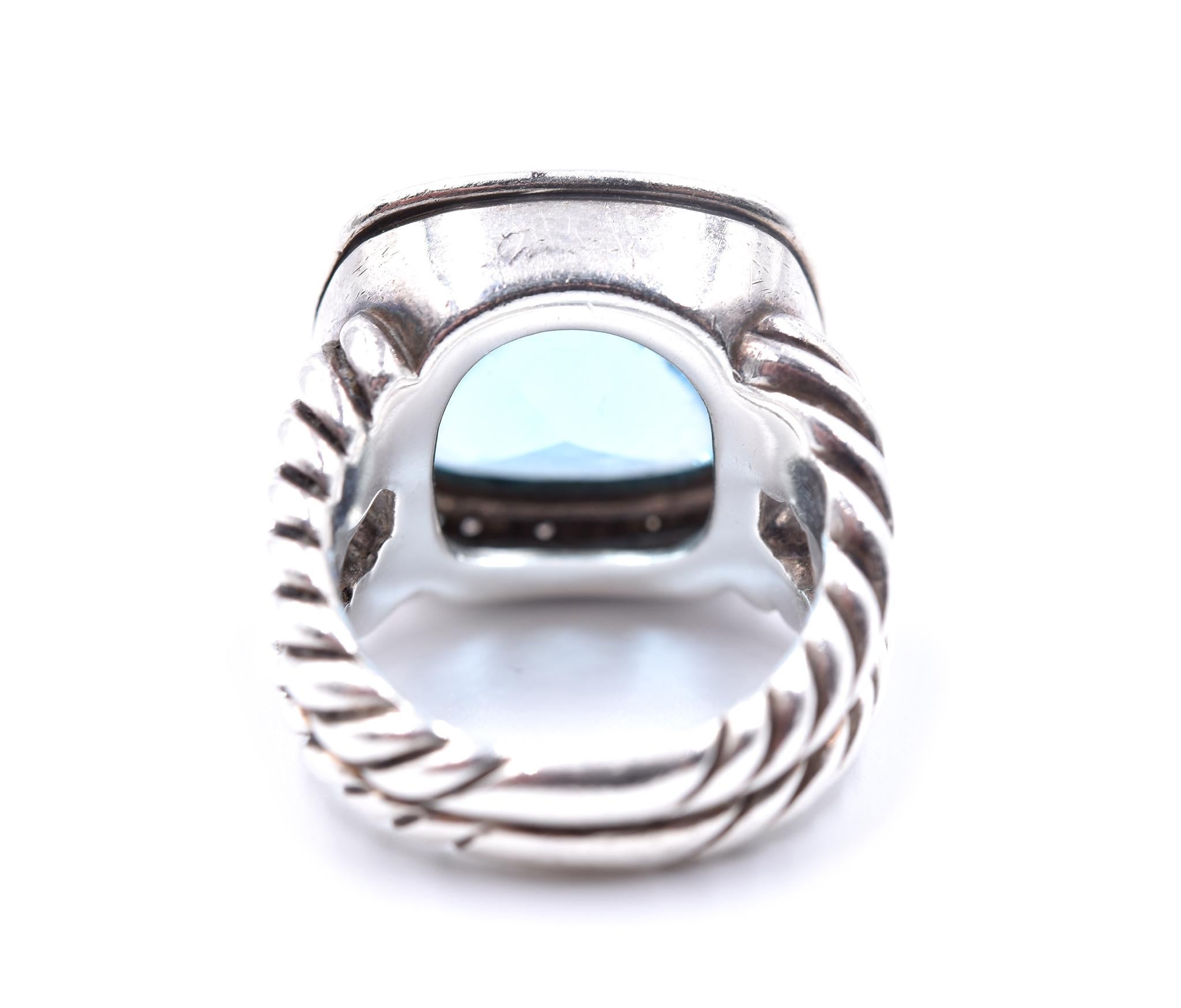 David Yurman Sterling Silver Blue Topaz and Diamond Albion Cable Ring In Excellent Condition In Scottsdale, AZ