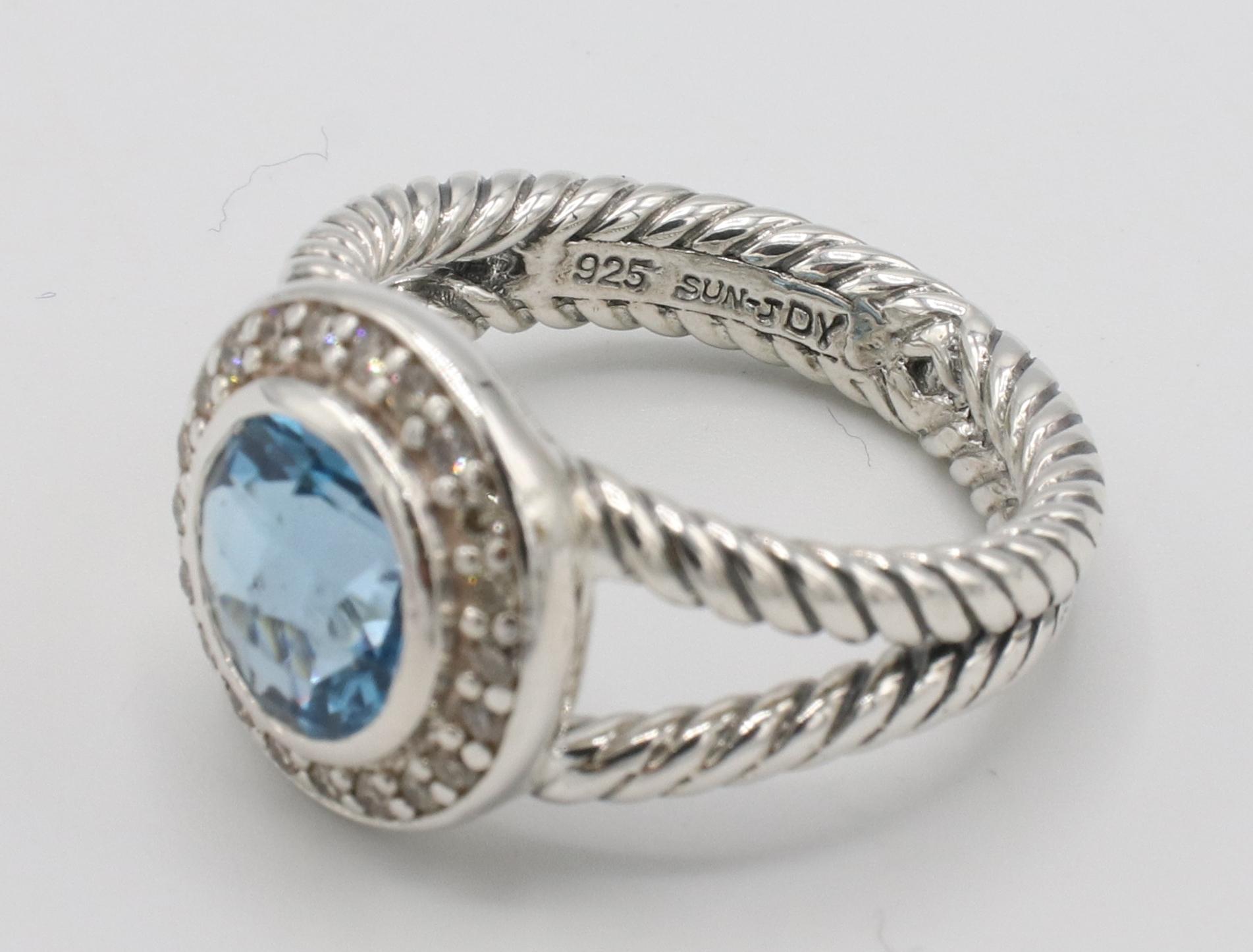 Modern David Yurman Sterling Silver Blue Topaz & Natural Diamond Halo Ring  For Sale
