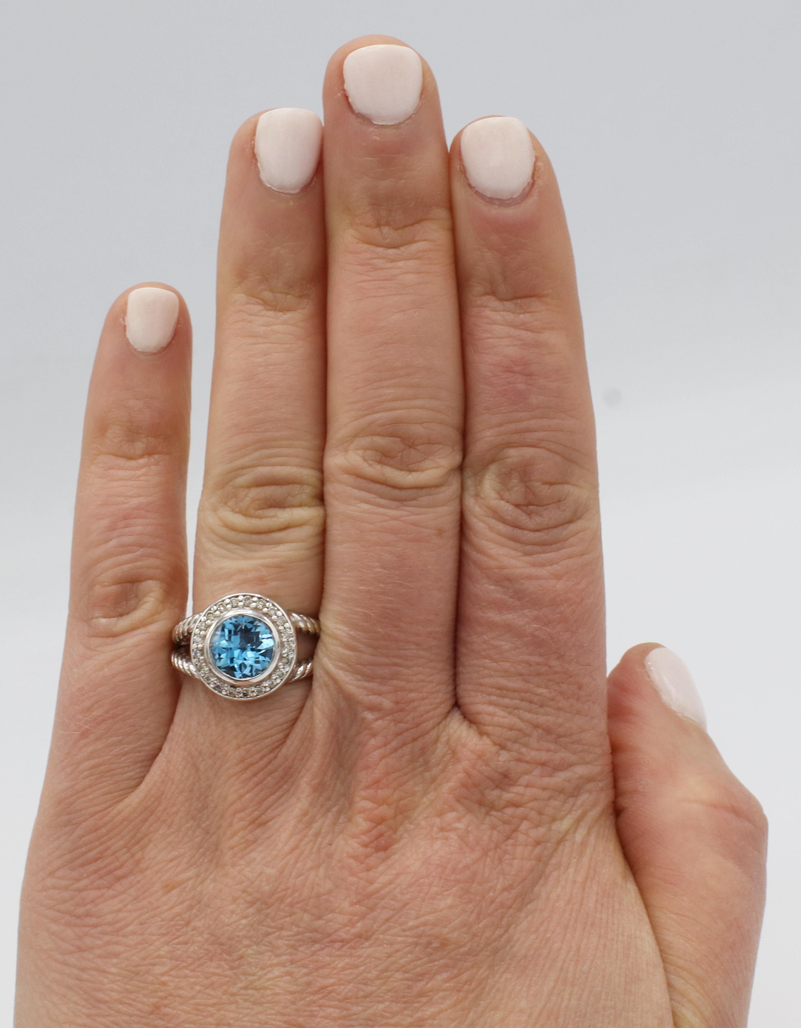 Round Cut David Yurman Sterling Silver Blue Topaz & Natural Diamond Halo Ring  For Sale