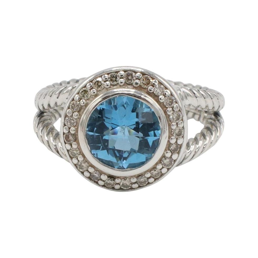 David Yurman Sterling Silver Blue Topaz & Natural Diamond Halo Ring  For Sale
