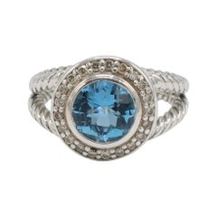 David Yurman Sterling Silver Blue Topaz & Natural Diamond Halo Ring