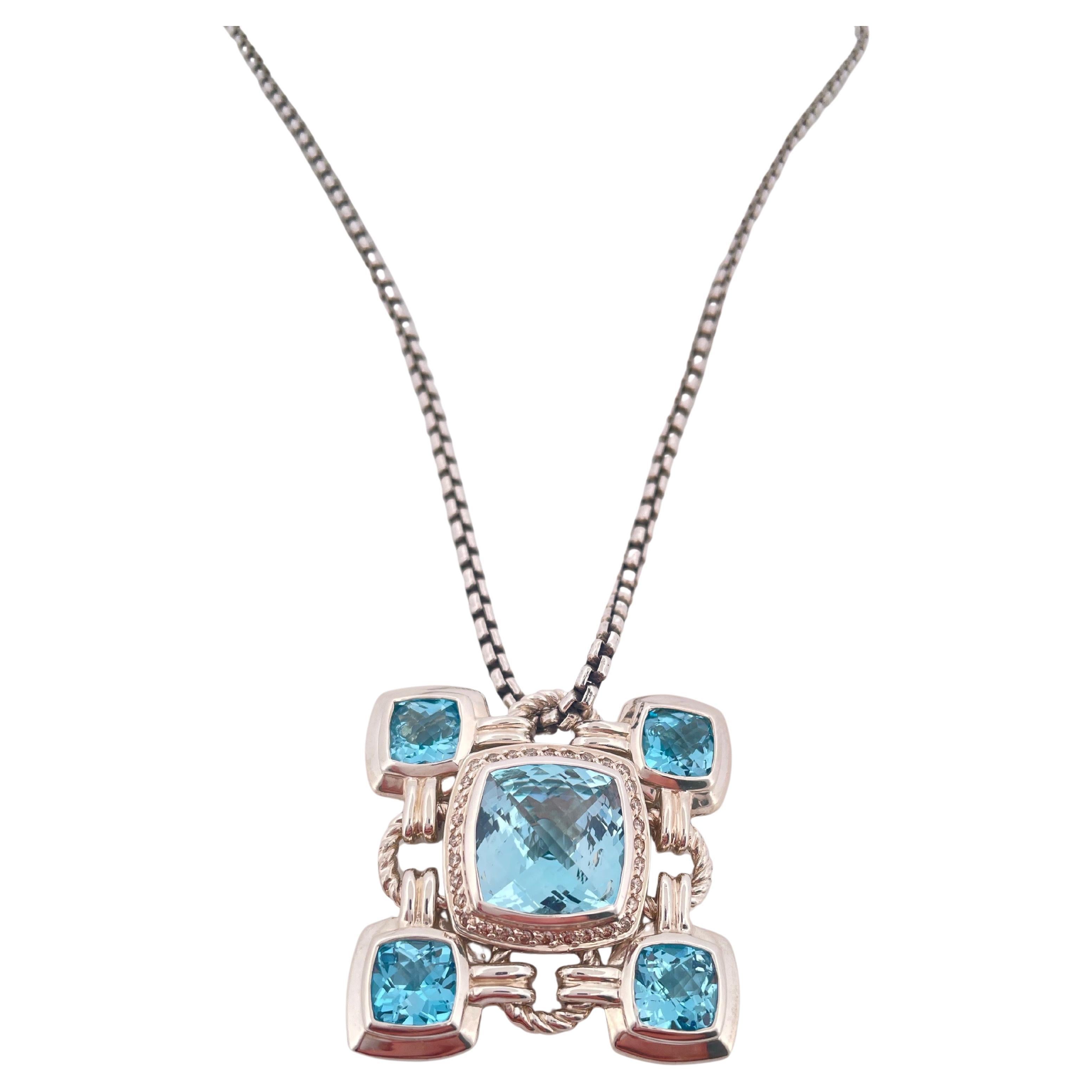 David Yurman Blue Topaz Renaissance Pendant & Chain Set in 925 Sterling Silver For Sale