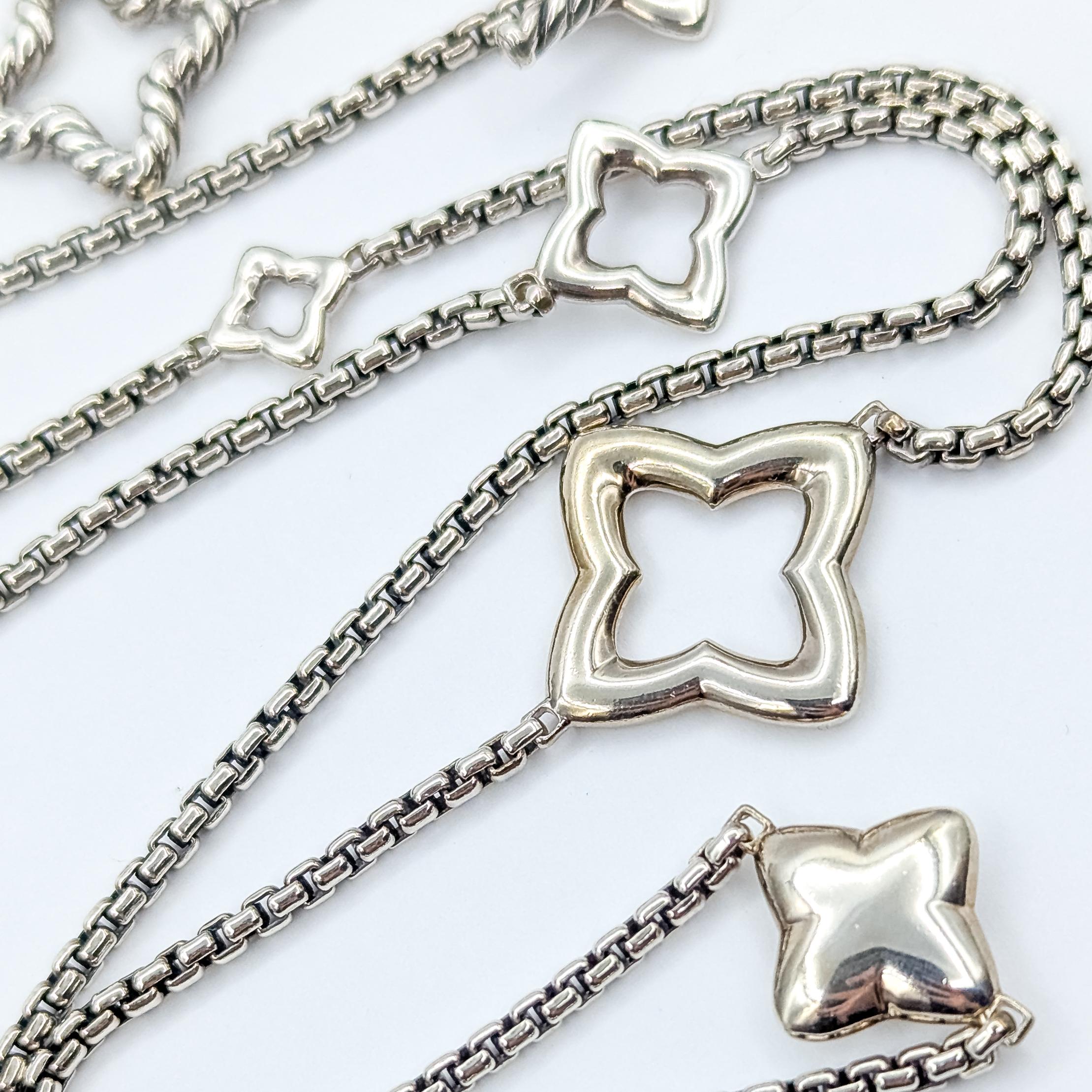 A. David Yurman - Collana a maglie quadrate in argento sterling con stazioni a forma di quadrifoglio in vendita 3