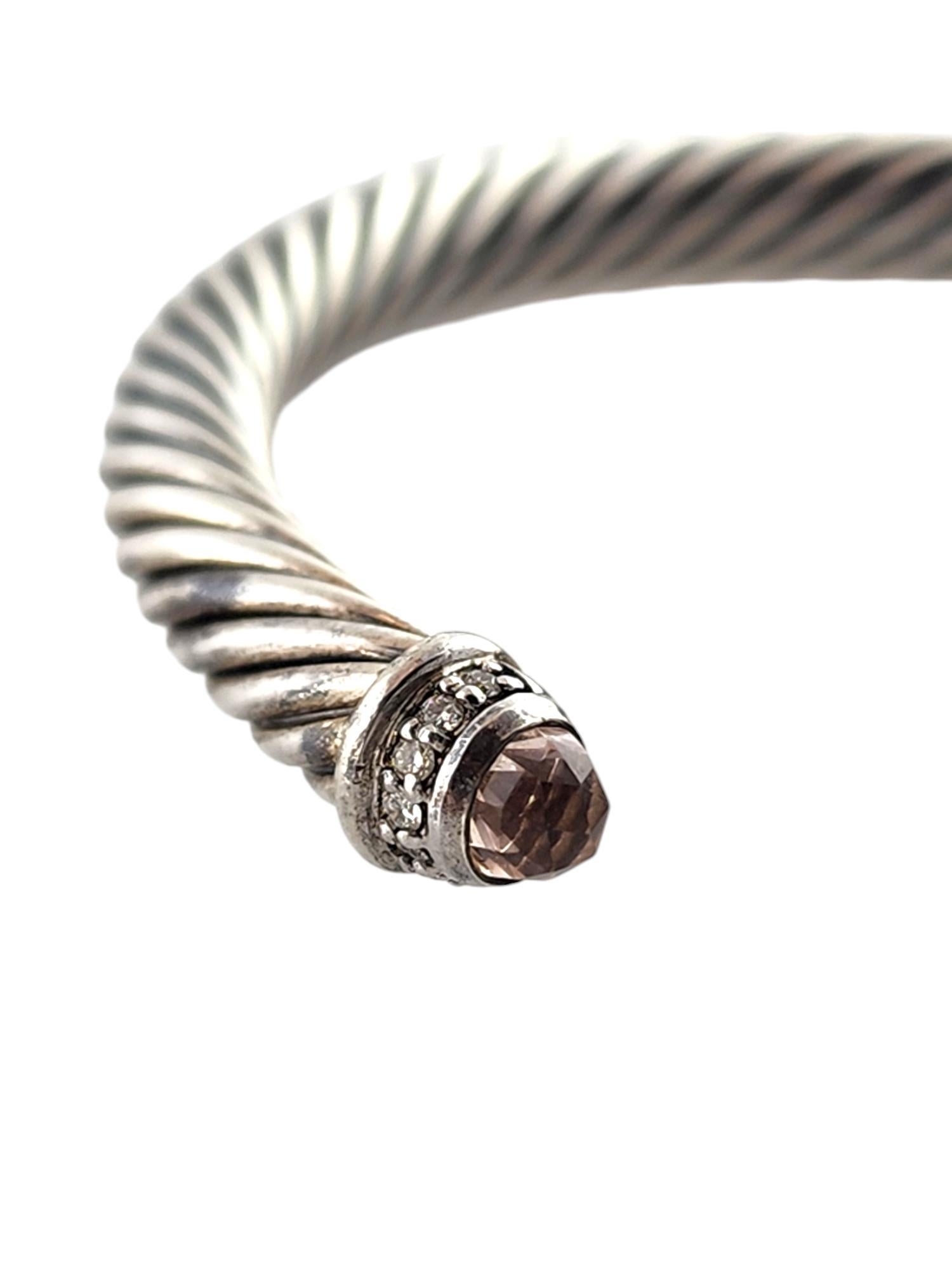 Women's David Yurman Sterling Silver Cable Bracelet w/ Diamonds & Morganite w/Box #18926