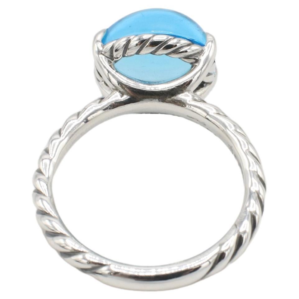 Modern David Yurman Sterling Silver Cable Classic Blue Topaz Cabochon Dome Ring For Sale