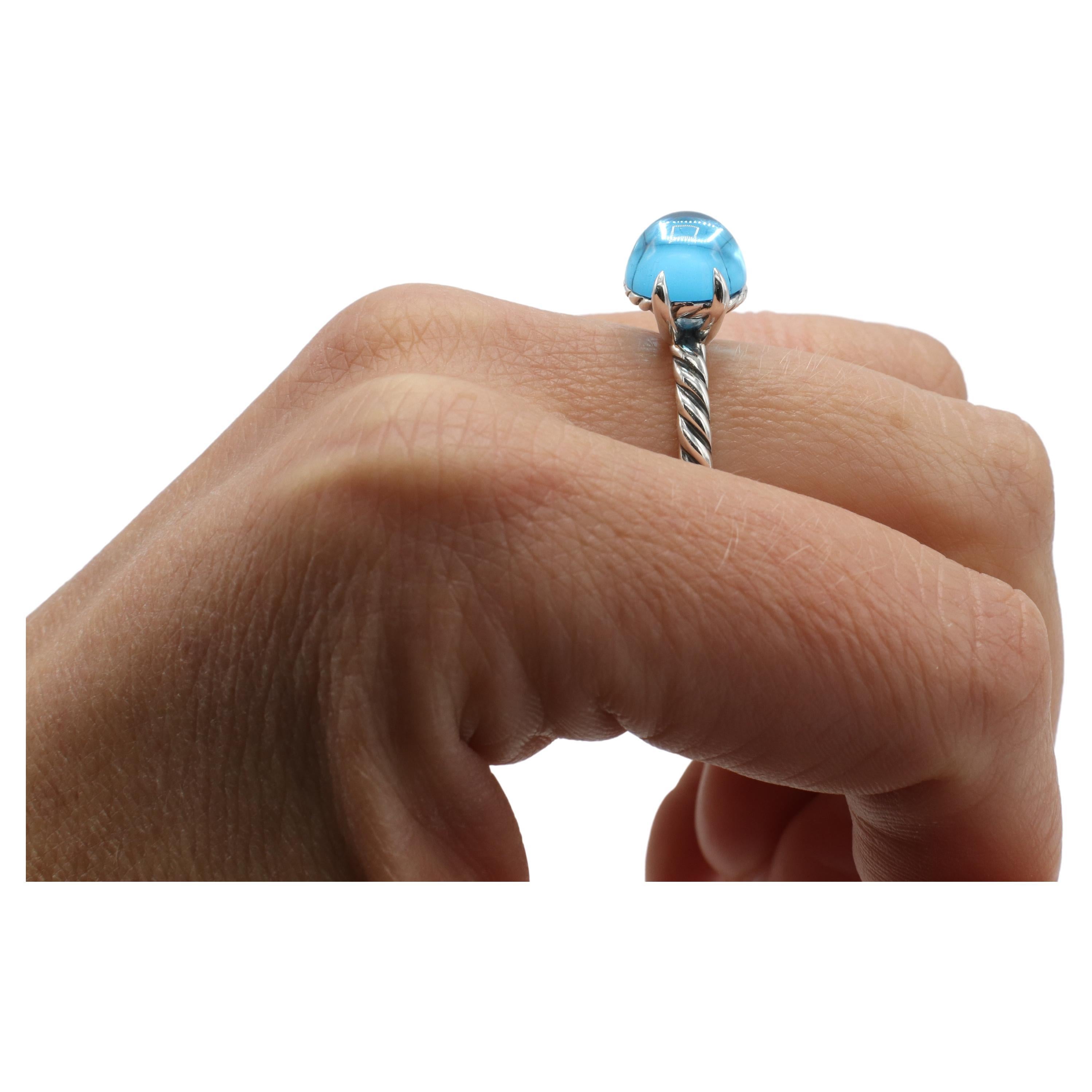 Women's David Yurman Sterling Silver Cable Classic Blue Topaz Cabochon Dome Ring For Sale