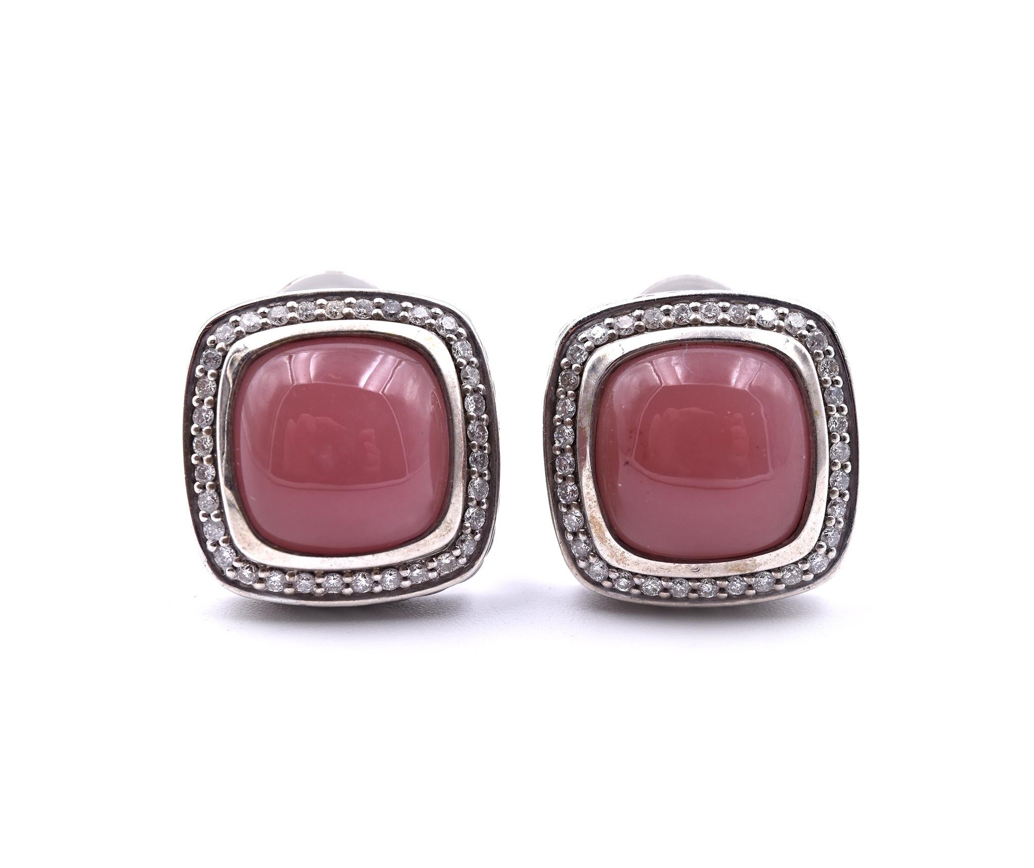 Women's David Yurman Sterling Silver Cable Rose Quartz and Diamond Earrings