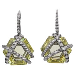 David Yurman Sterling Silver Cable Wrap Peridot & Diamond Drop Earrings