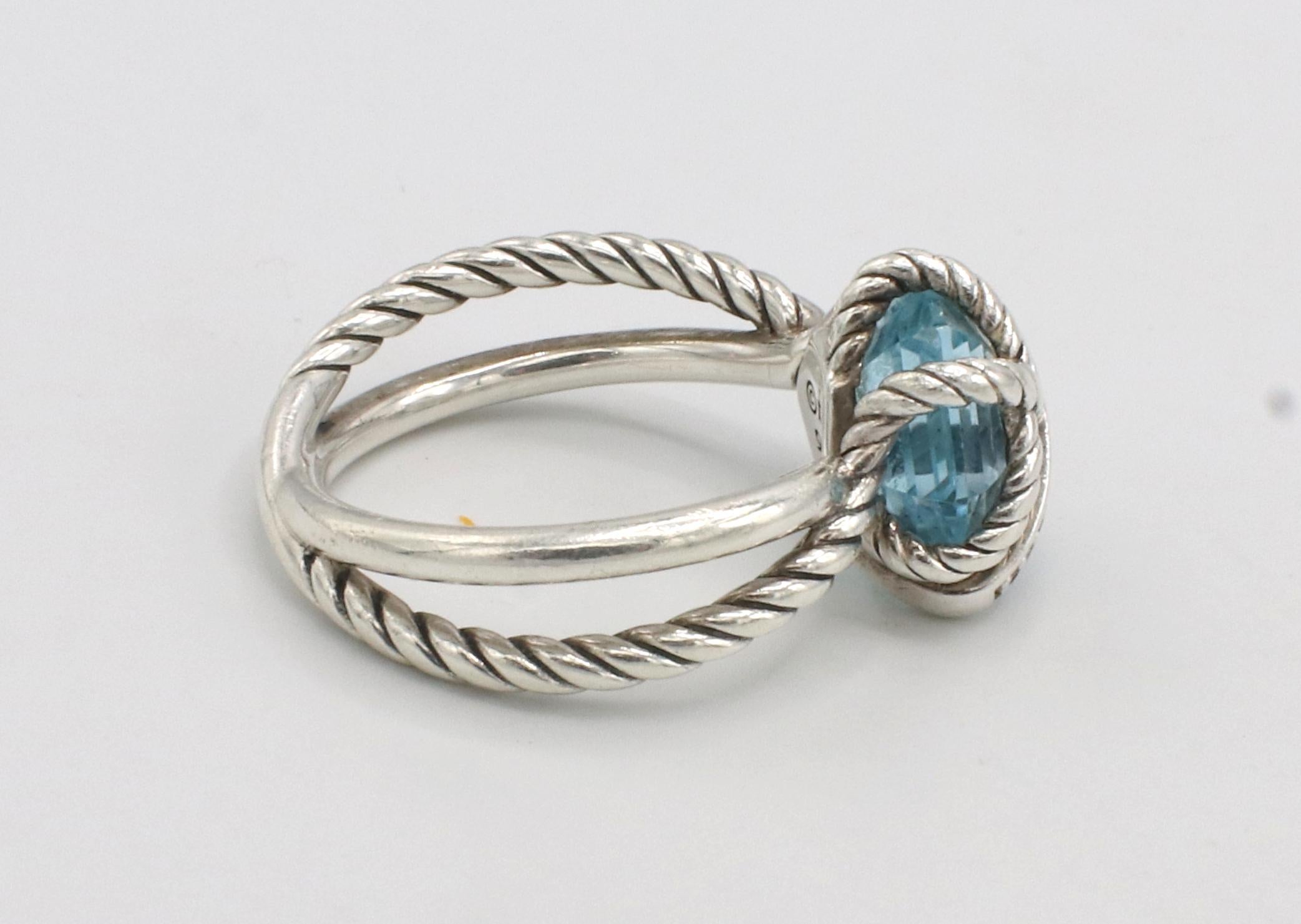 Moderne David Yurman Bague portefeuille câble en argent sterling avec topaze bleue et diamants en vente