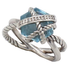 David Yurman Sterling Silver Cable Wrap Ring in with Blue Topaz & Diamonds
