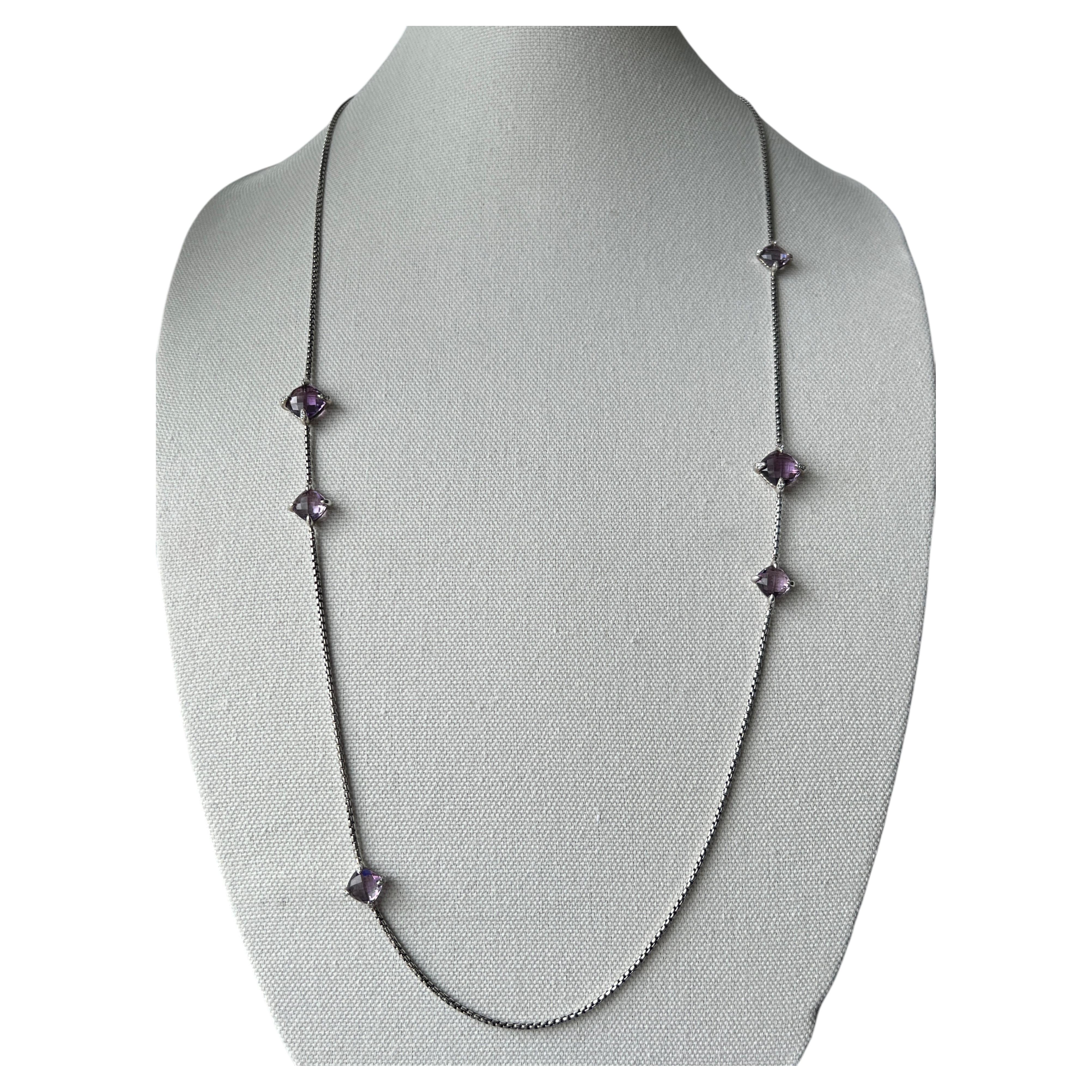 David Yurman Sterling Silver Chatelaine Amethyst Diamond Station Necklace For Sale