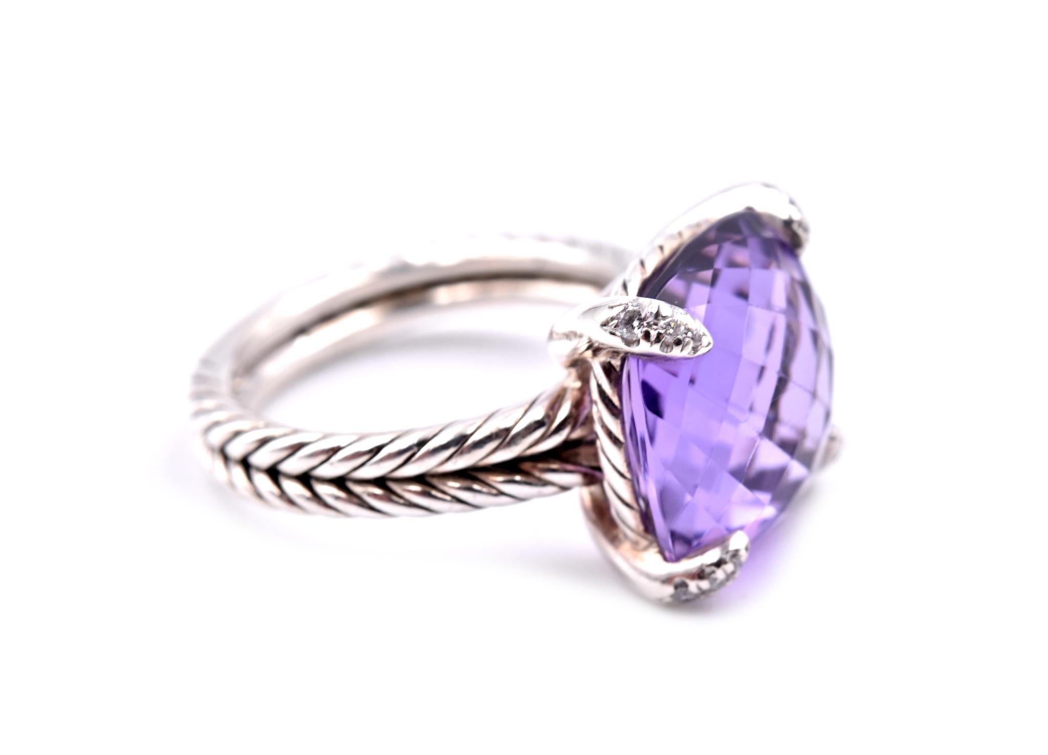 David Yurman Sterling Silver Chatelaine Cable Amethyst and Diamond Ring In Excellent Condition In Scottsdale, AZ